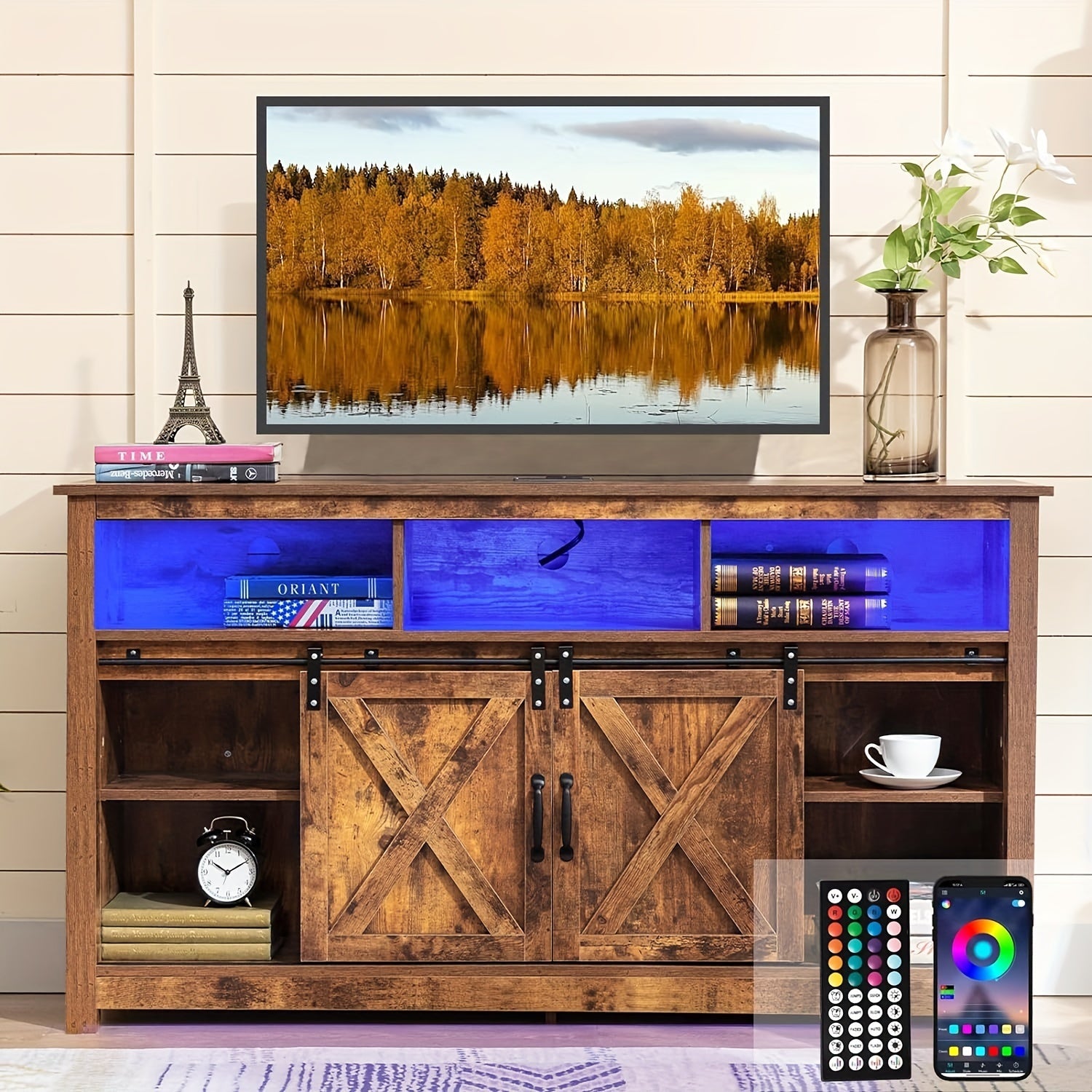 57" Wooden Farmhouse TV Stand For 60 65 Inch TV, Double Layer Storage Entertainment Center TV Console Table With Double-Row Sockets And 2 Sliding Barn Door, Media Cable Box