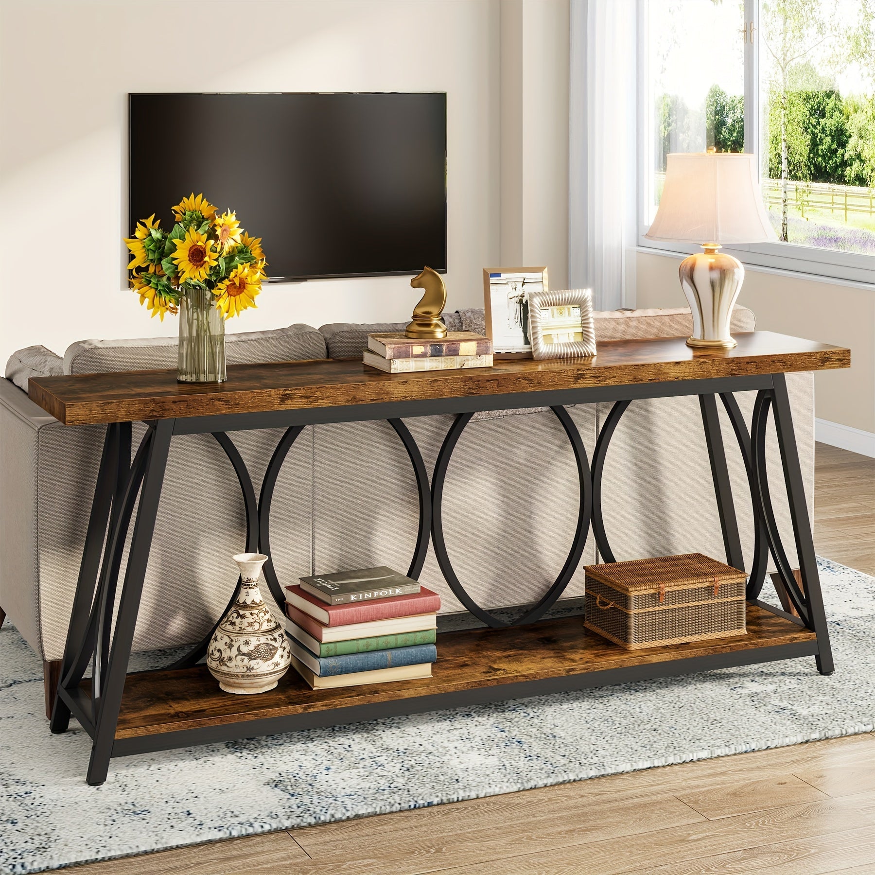 70.9-Inch Extra Long Console Table: Industrial Sofa Table With 2-Tier Storage Shelf For Behind Couch Narrow Entryway