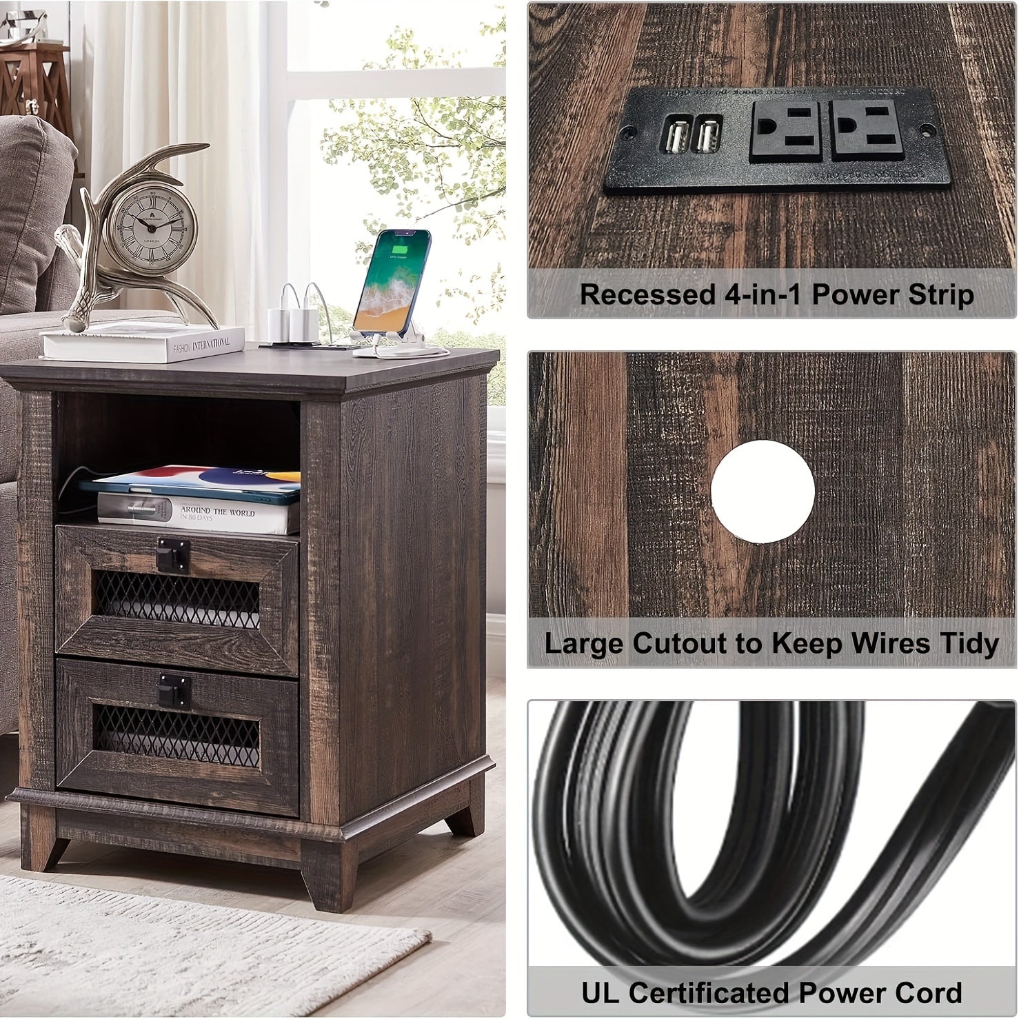 Nightstand With Charging Station, OKD 18'' Industrial & Farmhouse End Table With 2 Drawers & Open Cubby, Rustic Mesh Drawer Sofa Side Table W/Storage For Bedroom, Living Room, Office