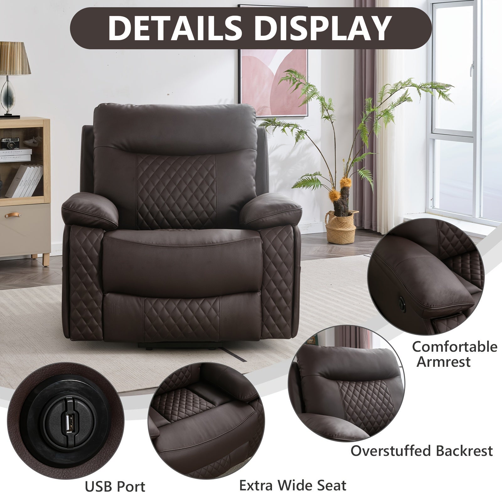 Modern Diamond Fabric Design Power Reclining Heated Massage Chair With USB And Dual Hidden Cup Holders, Large Comfortable Soft Functional Seat