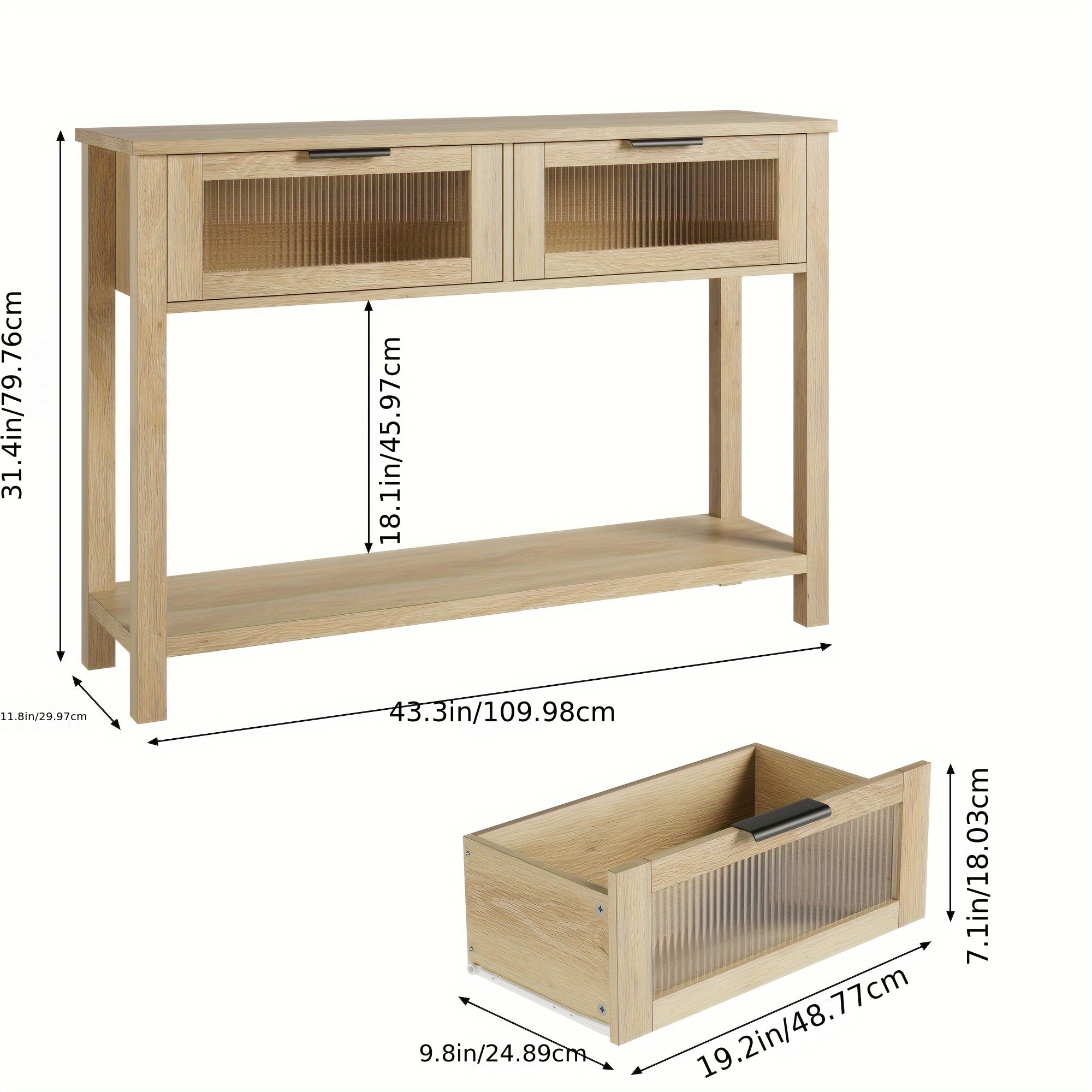 Entryway Table Wood Console Table with 2 Glass Drawers 2 Tier Sofa Table with Storage for Living Room Foyer Tables