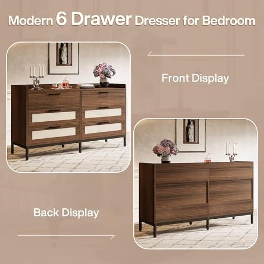 6-Drawer Double Dresser for Bedroom, 55" Mid-Century Rustic Chest of Drawer, Wide Wood Storage Dresser Organizer for Nursery Bedroom Living Room Closet, Storage Lockers