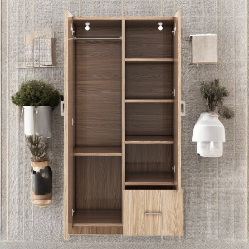 Double-Door Wardrobe with Hanging Rod 5 Fixed Shelves And 1 Storage Drawer for Ample Storage in Natural Finish