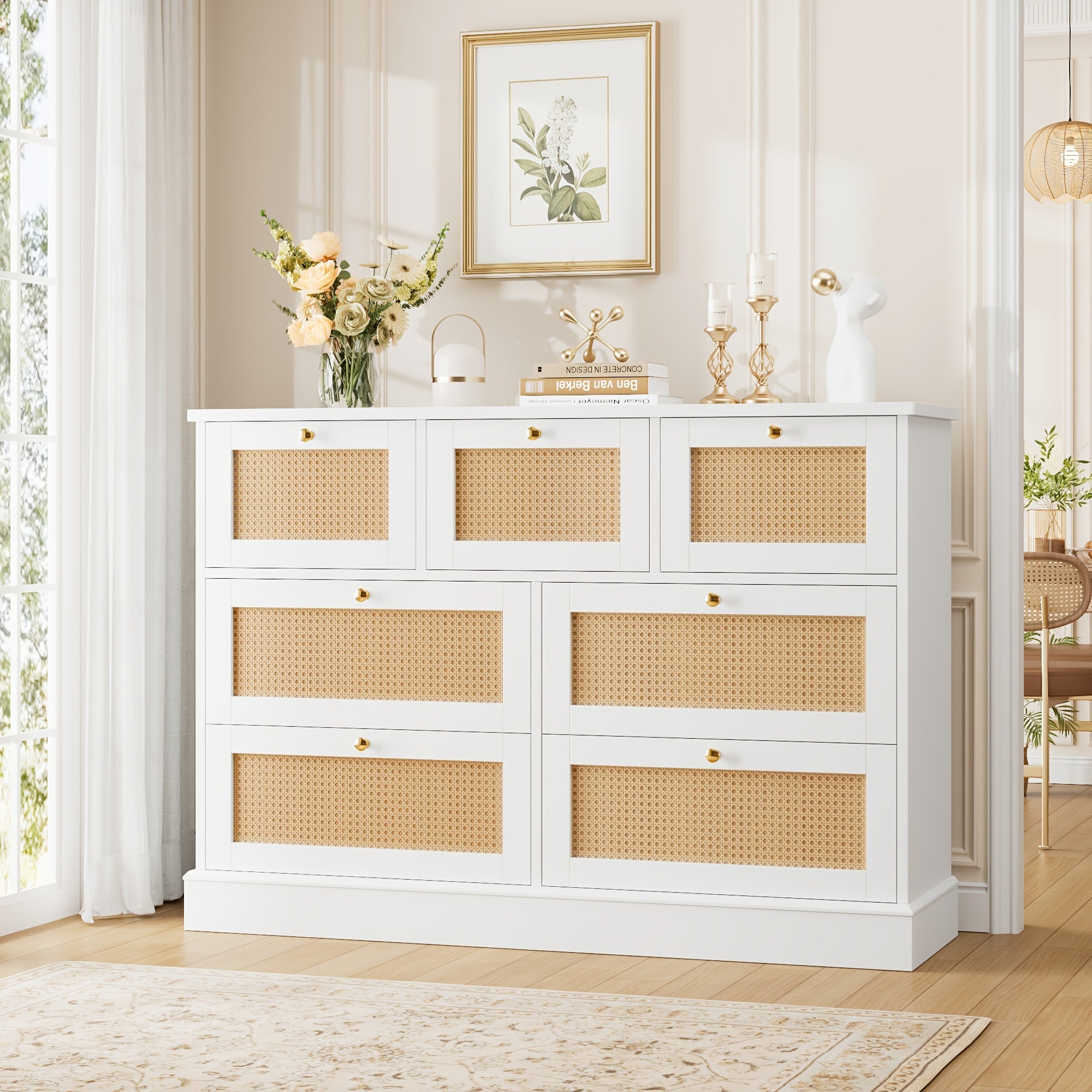 1pc Modern White Rattan Dresser with 7 Drawers - Wall Mount No Wood Electricity-Free Spacious Closed Storage <3.2 Cubic
