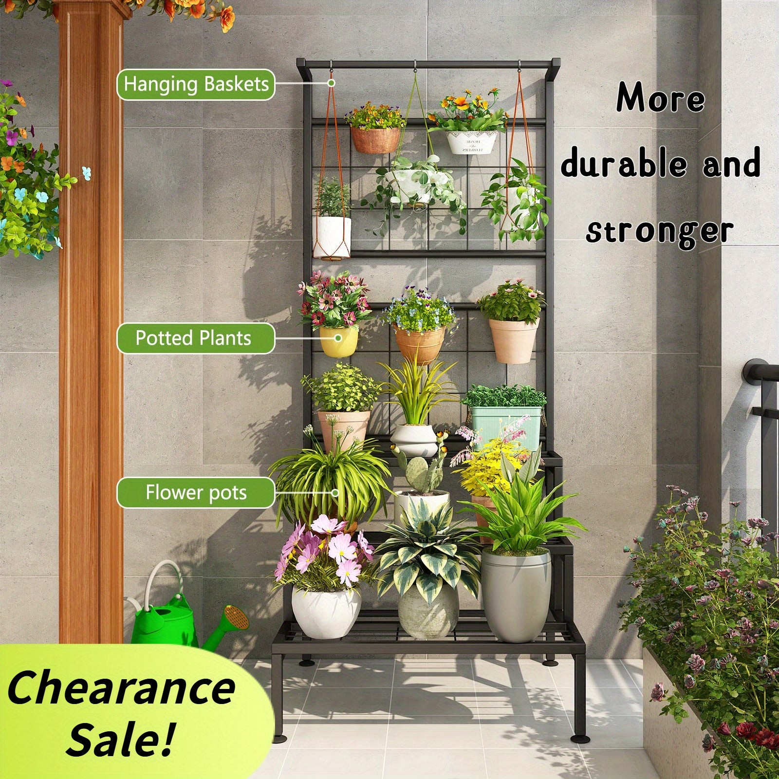 Plant Stand 3-Tier Hanging Shelves Flower Pot Organizer Multiple Flower Display Holder Indoor Outdoor Heavy Duty Potted Planter Rack Unit with Grid Panel, size 23.62 x 21.25 x 62.14 inches