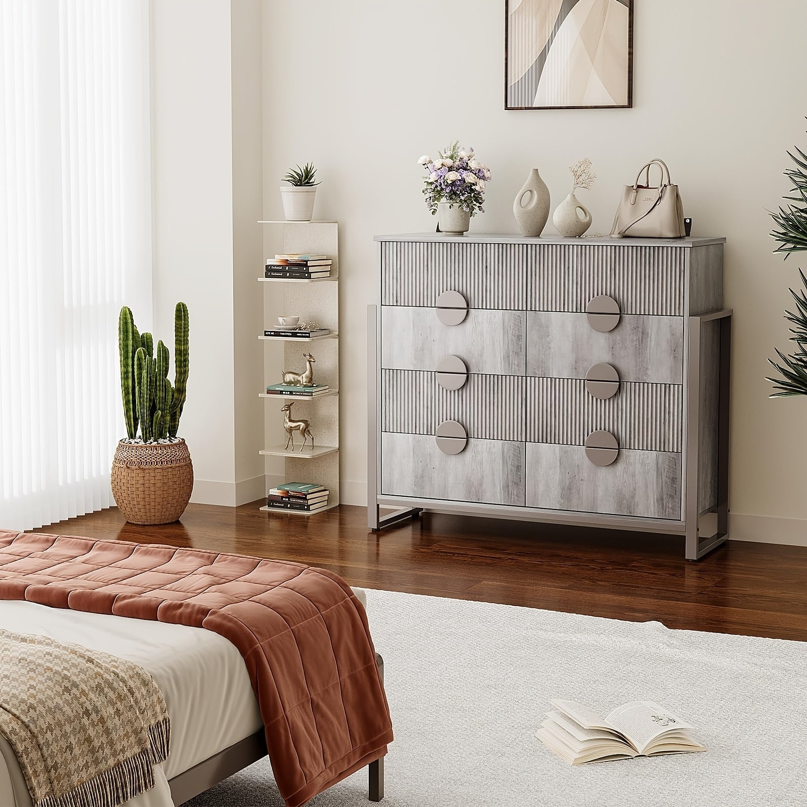 Spacious 8-Drawer Grey Dresser with Fluted Panels - Sturdy Metal Frame, Ideal for Bedroom, Closet, Living Room Storage