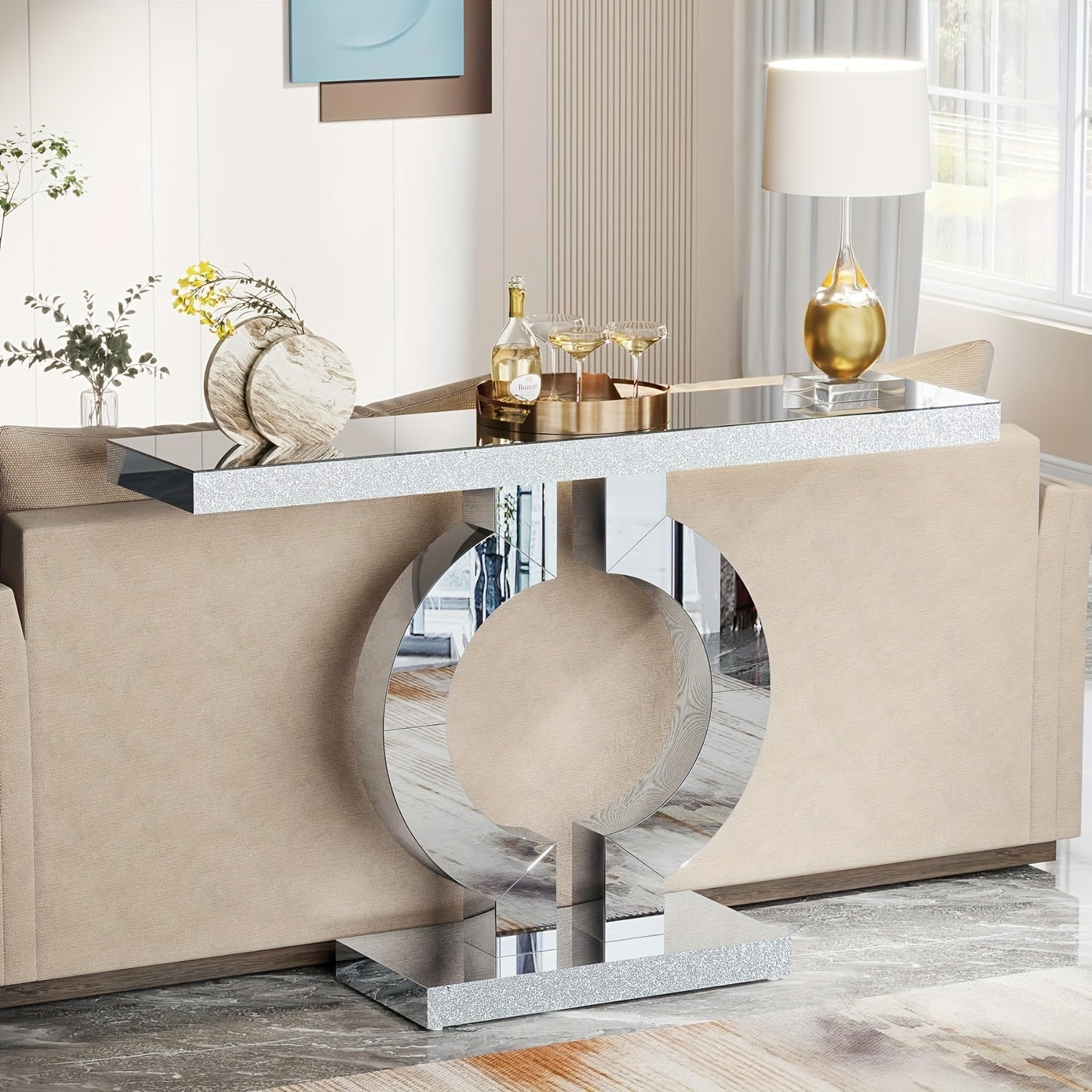 43-Inch Mirrored Entryway Console Table with O-shape, Modern Slim Silvery Glass Sofa Table for Foyers or Living Rooms