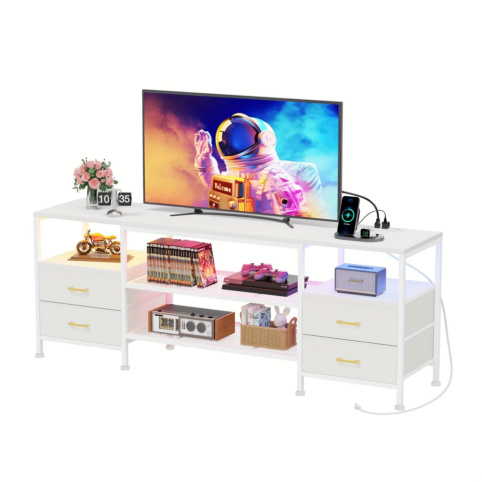 TV Stand For Bedroom, Dresser TV Stand For 65 70 73 Inch TV, White TV Stand With 4 Drawers And Shelf, Long TV Stand With Led Light & Power Outlet, For Living Room, White