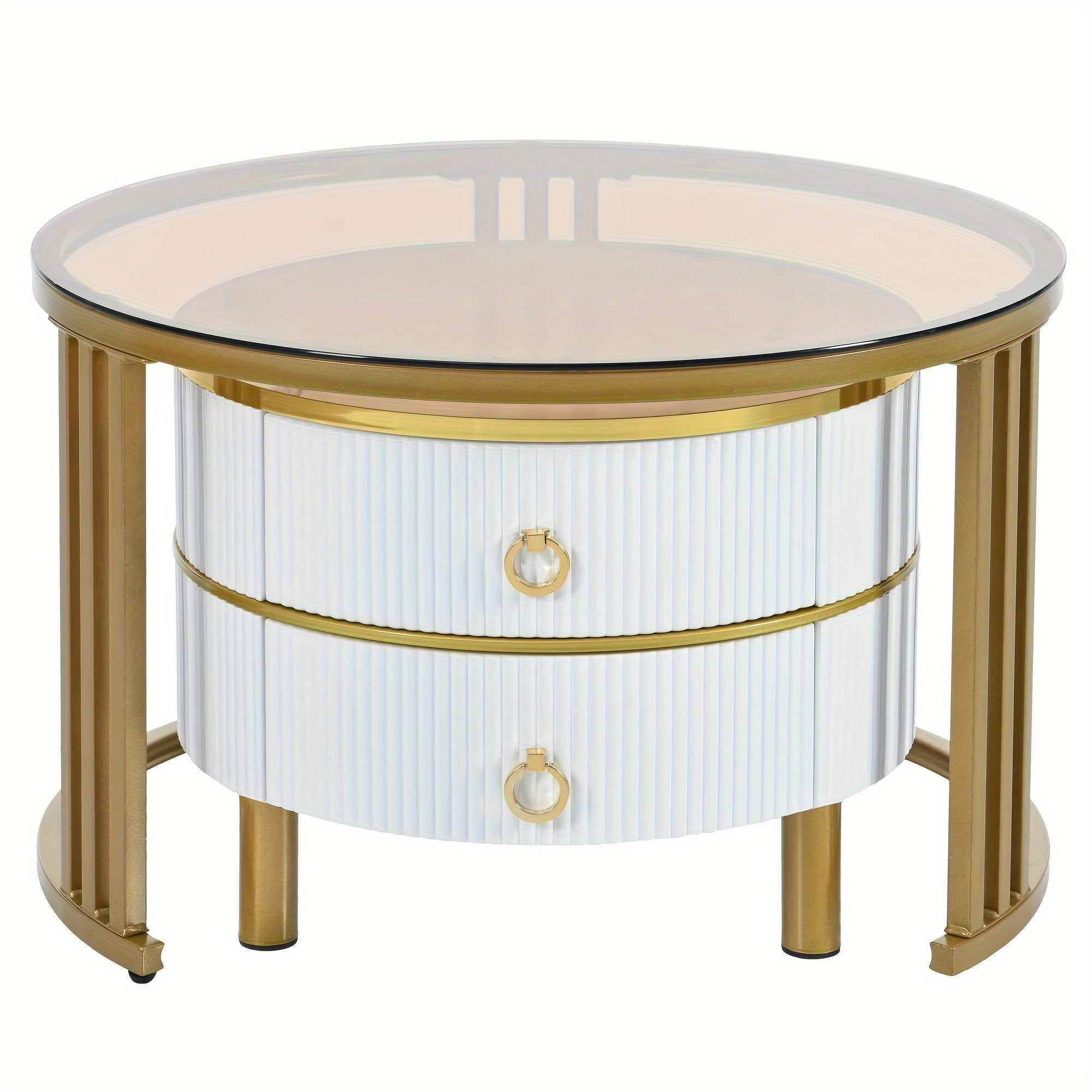 2-Piece Stackable Coffee Table With 2 Drawer Set With Brown Tempered Glass And High-Gloss Marble Top, 2-Piece Living Room Round Center Table, Patio Table, White, Gold, Black, Modern, Pop Storage