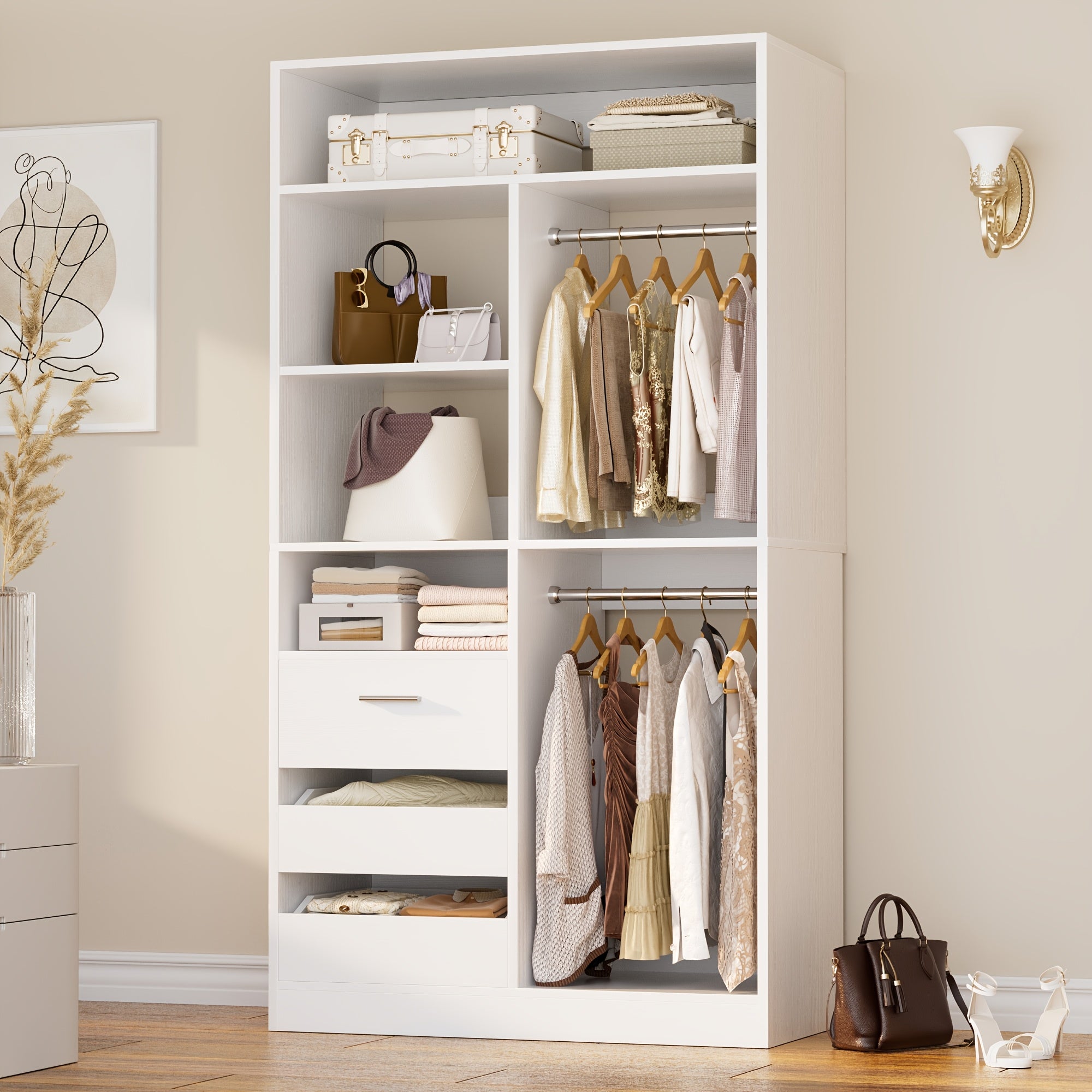 Standalone Wardrobe System with Suitcase Storage Space 36 Inch Standalone Wardrobe with 3 Wooden Drawers 80 Inch Height