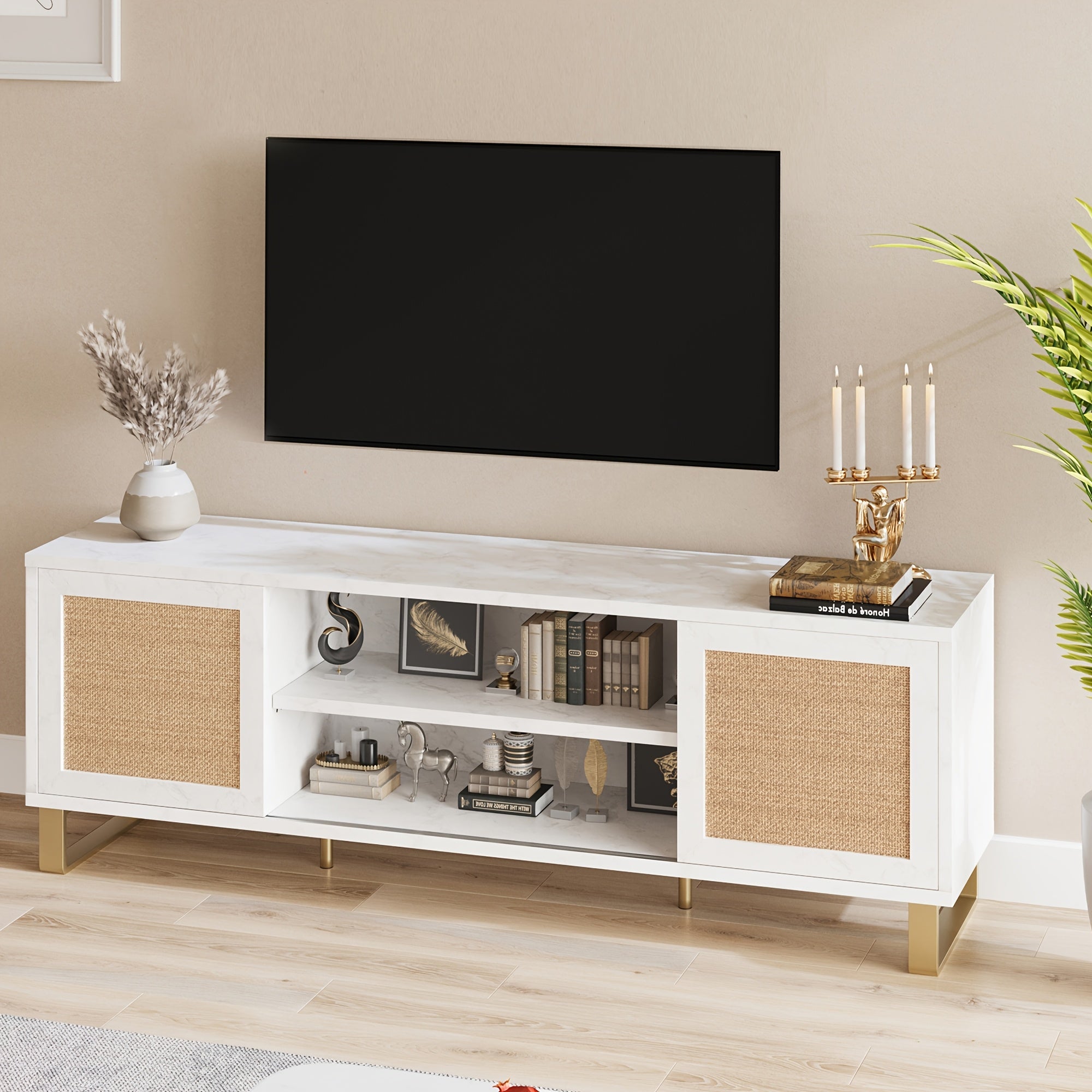 Modern Rattan TV Stand for 65 Inch Televisions, White Marble Entertainment Center, Floor Mount Console with Storage, Doors, and Shelves, for Living Room Bedroom Media Furniture