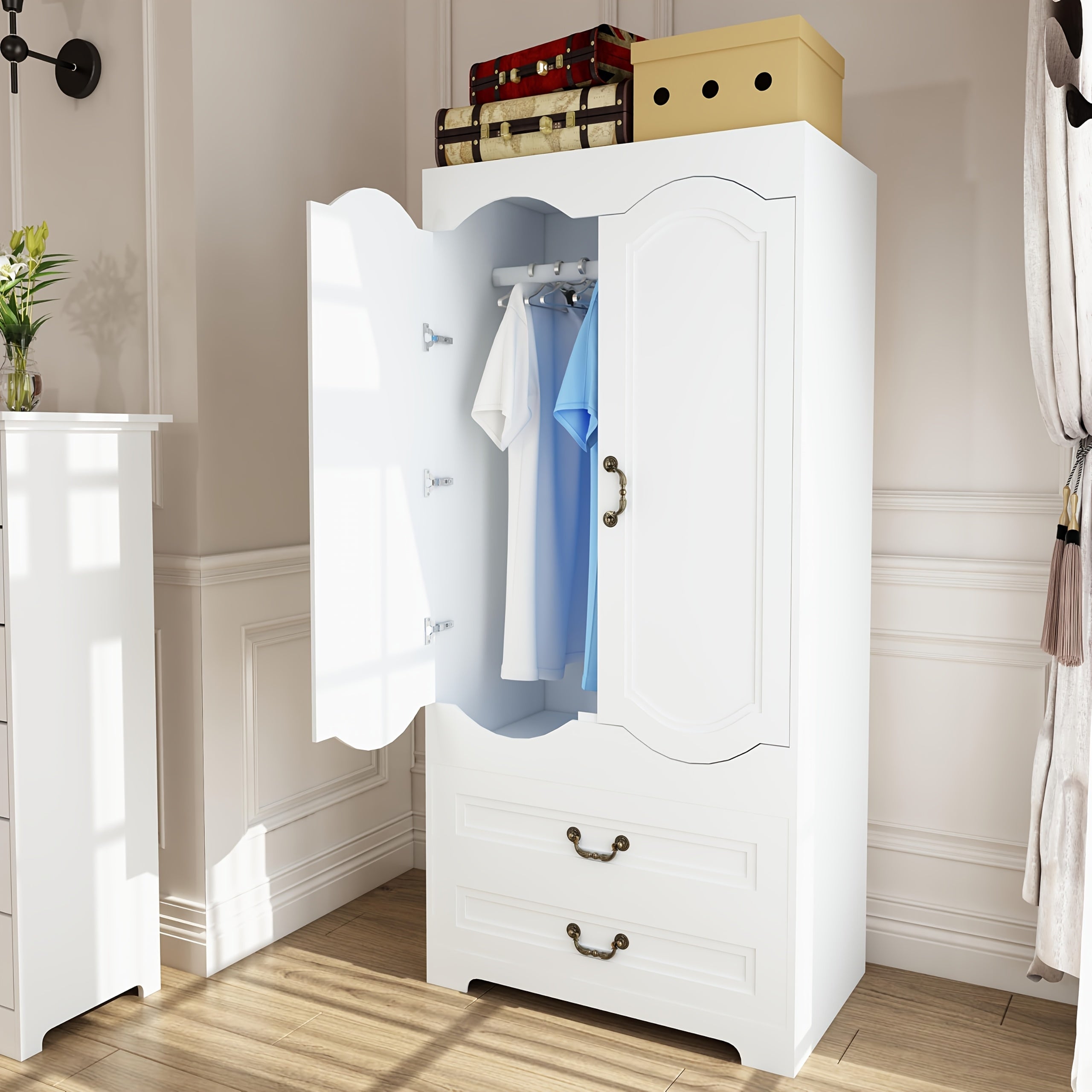 Armoire Wardrobe Closet With 2 Drawers, Easy-to-assemble Tall Wooden Wardrobe Closet With 2 Doors And Hanging Rail, Free Standing White Armoire For Bedroom