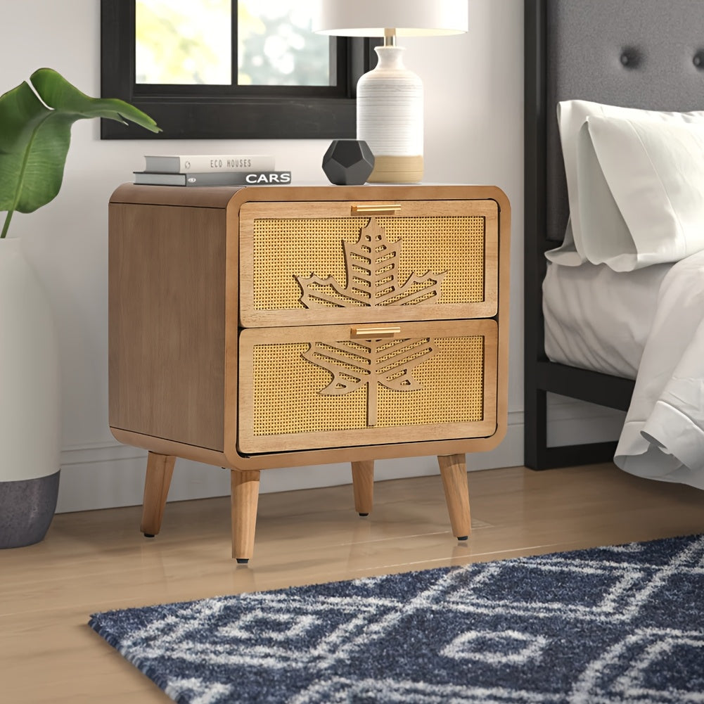 Mid-Century Modern Nightstand] Mid-Century Modern Nightstand with Rattan Accents and Maple Leaf Carving Solid Wood