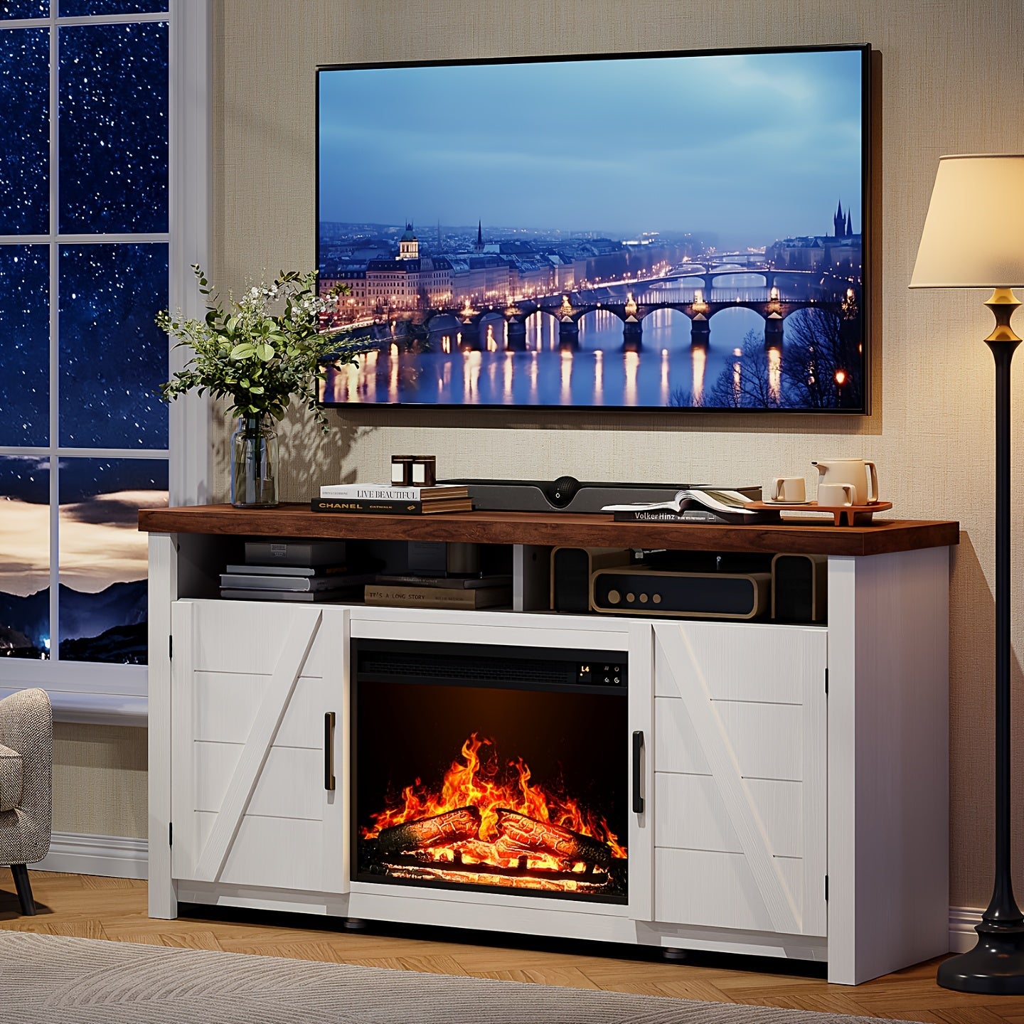 Rustic Farmhouse Highboy TV Stand with 58cm Electric Fireplace - Antique White Fits Up to 70’’ TVs Spacious Media