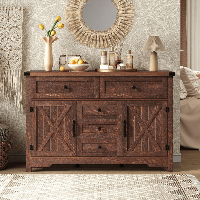 Solid Wood Farmhouse Dresser Chests for Bedroom with 5 Drawers & 2 Barn Doors Tall Chest of Drawers Rustic Dresser TV