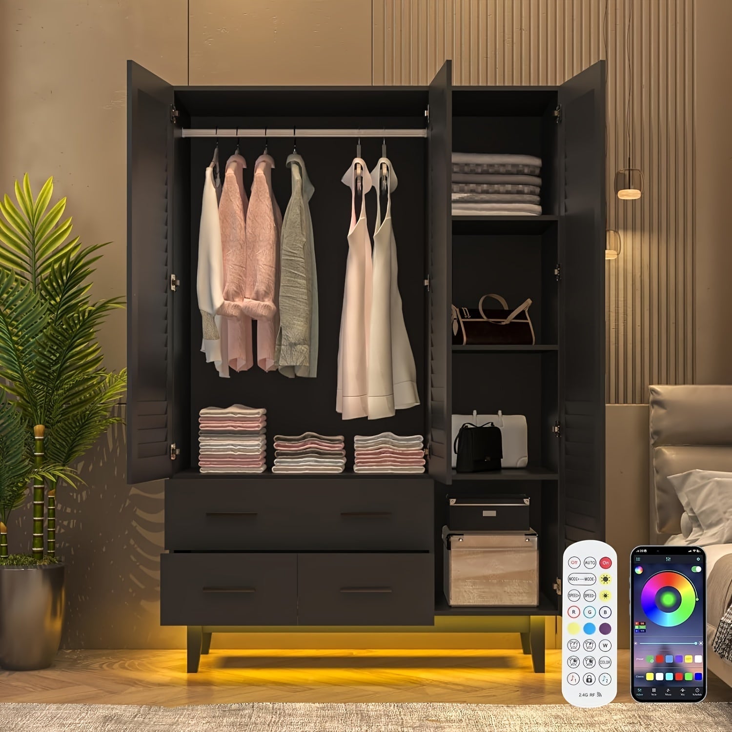 3 Door Armoire Wardrobe Closet Cabinet With Drawers And LED Lights, Multi-Tier Shelves, Hanging Rod & 3 Louver Doors, Large Capacity Storage Wardrobe Armoire For Bedroom, Black, White