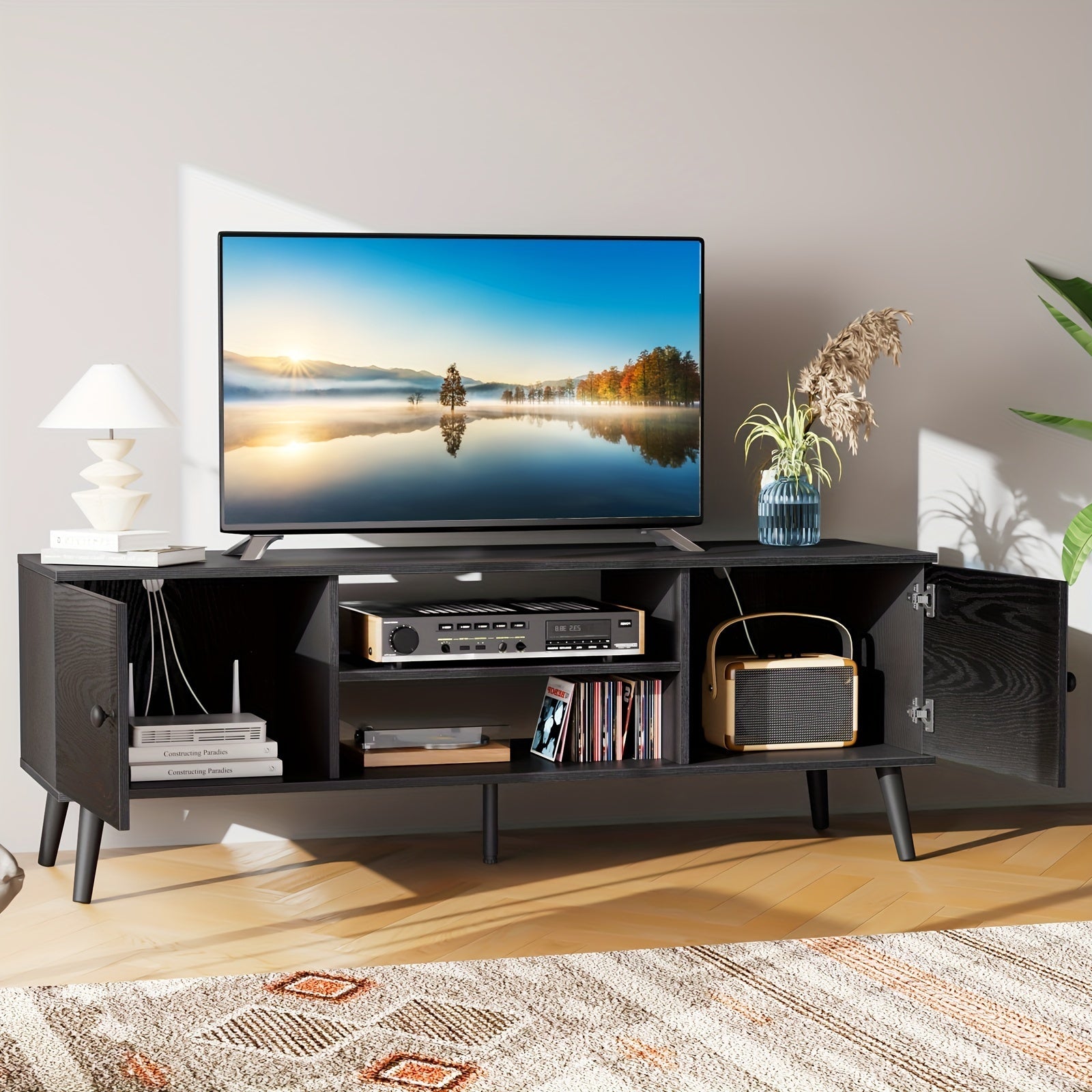 TV Stand With Lift Top Coffee Table Wooden Furniture, Modern Mid Century Entertainment Center With Storage, Media Console Table 2 Cabinet, Soft Hinge, Handle Door, Living Room