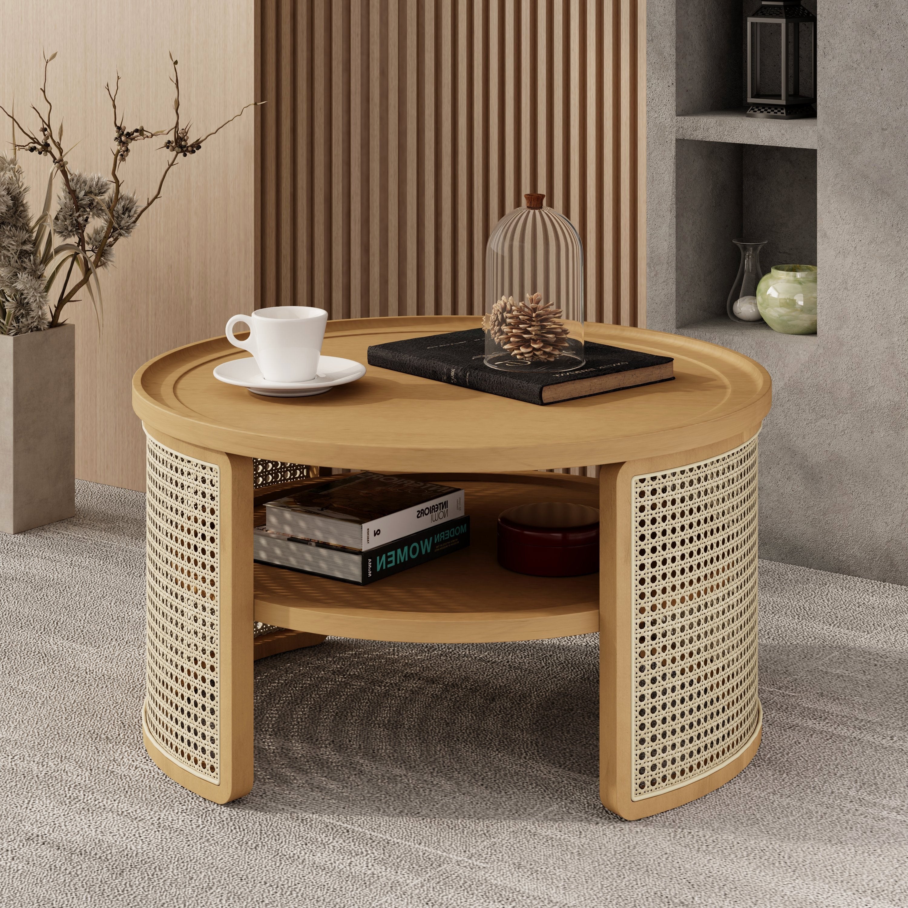 2-Tier Round Coffee Table With Storage - Natural Wood Top And Rattan Base, 31.3''