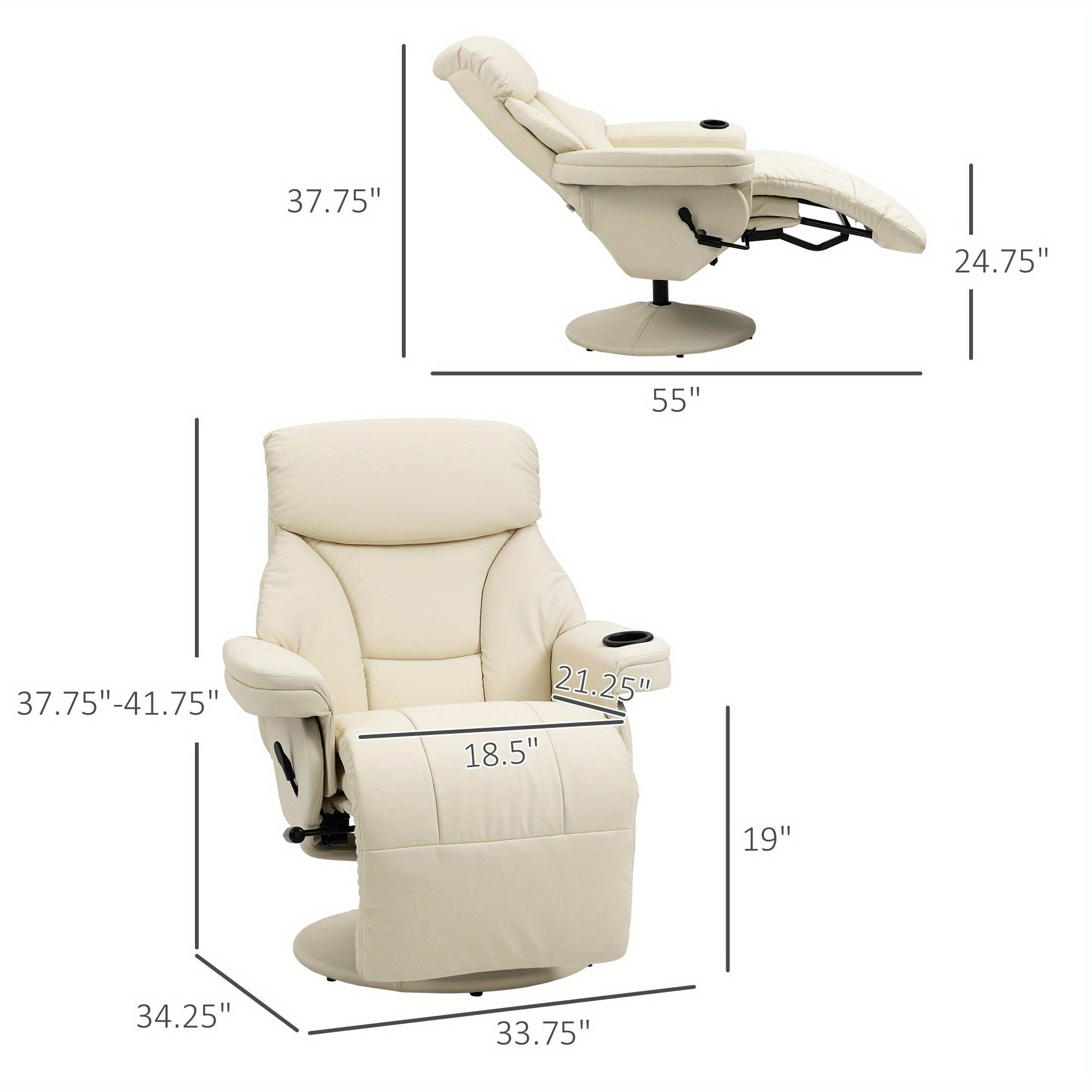 1pc Beige Manual Recliner Chair with Side Pocket, Swivel Lounge Armchair, Metal Frame, Upholstered Footrest and Cup Holder for Living Room Comfort