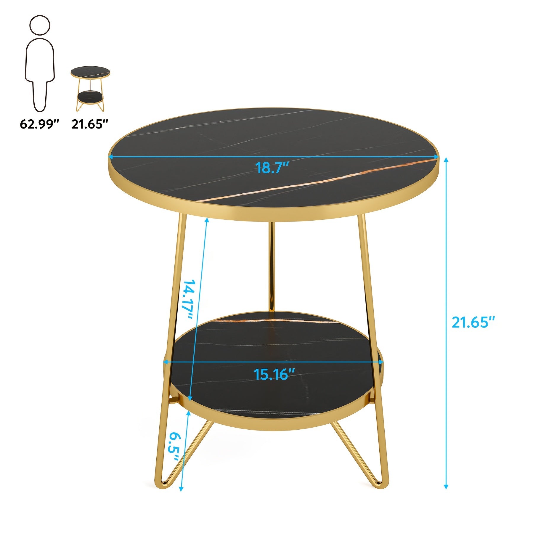 Christmas Decorations, Faux Marble End Table, 2 Tier Round Side Table With Shelves, Modern Black Nightstand Bedside Table Small Coffee Accent Table For Living Room Bedroom, Black And Golden, Gift Wrap, Stockings, Snowflakes,