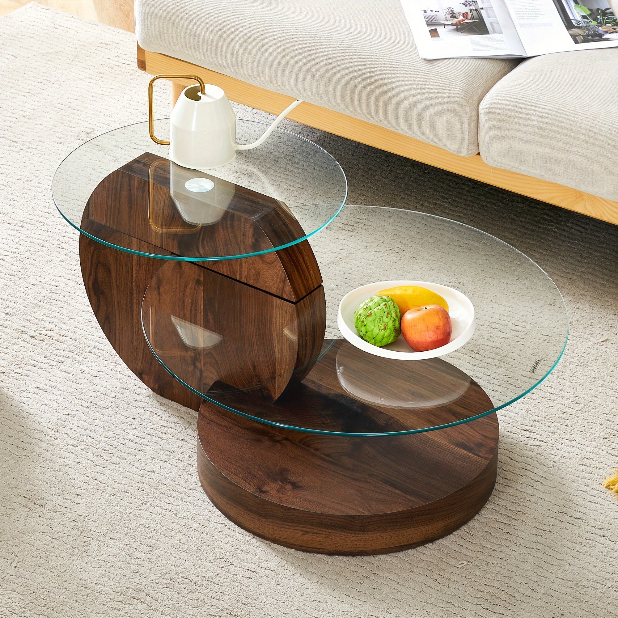 Exquisite Round Glass Coffee Table, Assembled into a Three-layer Storage Tea Table, Light Luxury Modern Simple Style, Suitable for Living Room Balcony, Courtyard, Office