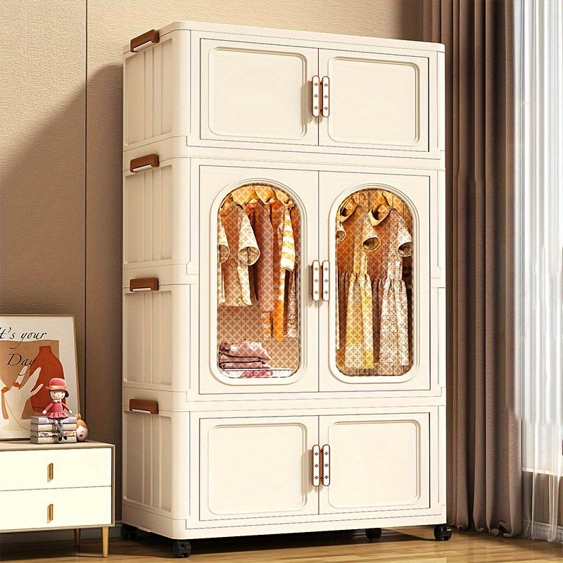 Multifunctional Wardrobe Organizer, Easy to Assemble, Plastic Storage Bins with Lids, Closet Organizers And Storage Cabinets, Foldable Clothes Storage Cabinets, Front Double Doors Or Top Lid Opens, Magnetic Lock Design, Cream