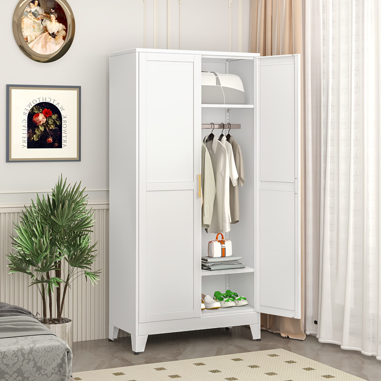 70.87 Inches High, Metal Storage Cabinet with Double Doors And Adjustable Shelves, with Hanging Rods Inside, Suitable for Placing In Bedrooms, Laundry Rooms, And Cloakrooms