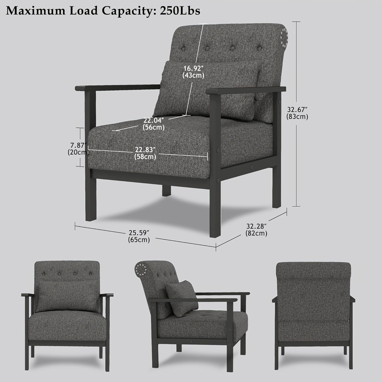 Mid Century Modern Accent Chair, Solid Wood Frame, Upholstered Lounge Chair, Comfortable Armchair with Cushion, with Easy Assembly, for Living Room, Bedroom, Office - Indoor Use