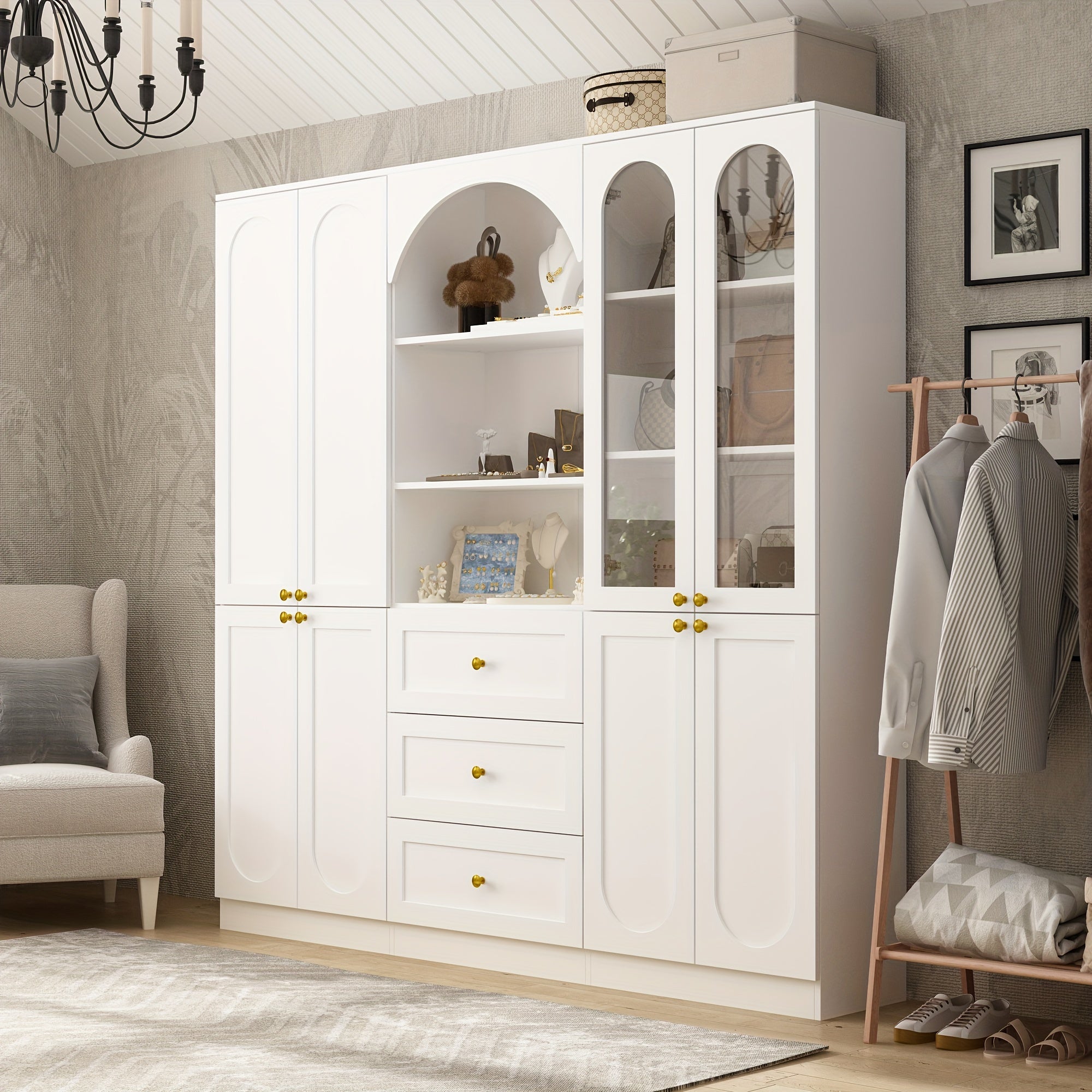 Large Wardrobe Armoire Wooden Closet With 3 Drawers & Open Shelves, Storage Cabinet With Glass Doors & Arch Pattern, Large Storage Space, Stylish And Modern Design, White