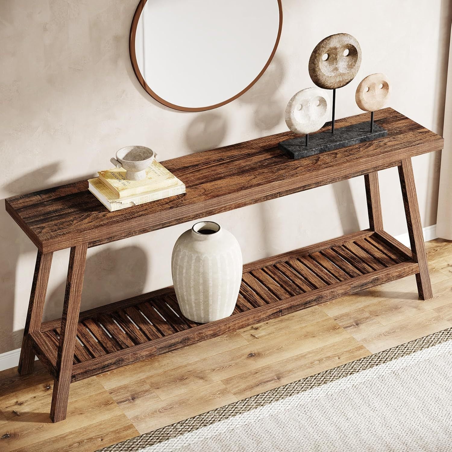 Rustic Farmhouse Console Table - 70.9" All-Wood Entryway Table, Dual Tier Narrow Design for Couch & Sofa Backdrop, Perfect for Hallway, Living Room - Brown