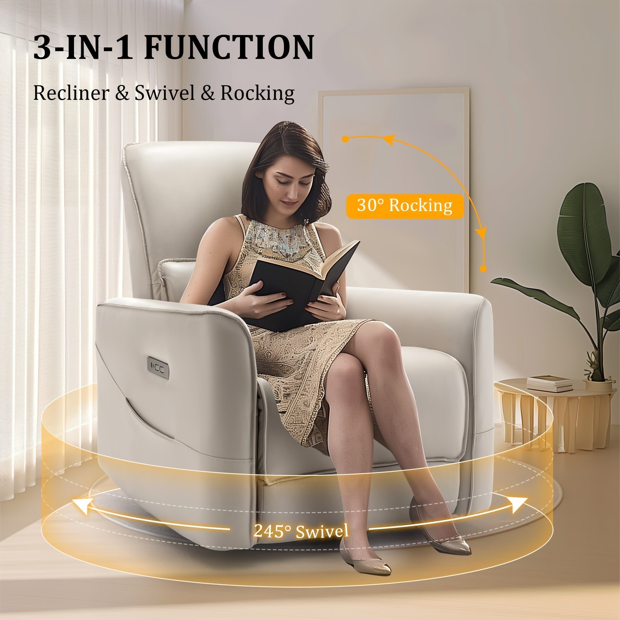 Luxurious Light Grey Electric Recliner Chair with Low Back Support, Power Swivel Action, USB Ports, and Streamlined Side Pockets - Ergonomic Design for Comfortable Living in Bedroom or Living Room, Chair for Living Room