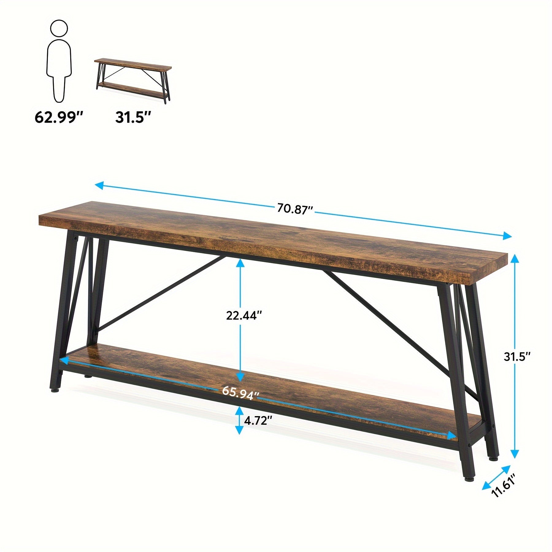 70.9" Extra Long Sofa Table Behind Couch, Industrial Entry Console Table for Hallway, Entryway & Living Room, Rustic Brown