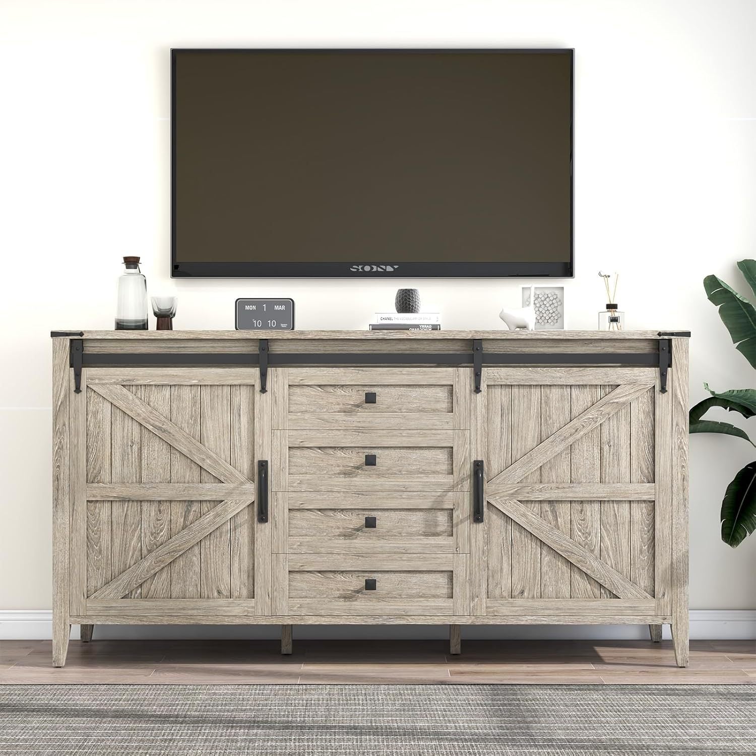 60 Inch Farmhouse 4 Drawers Dresser for Bedroom with Sliding Barn Doors, Natural Texture Wood Rustic Chest of Drawers for Living Room Bedroom Hallway Driftwood Gray