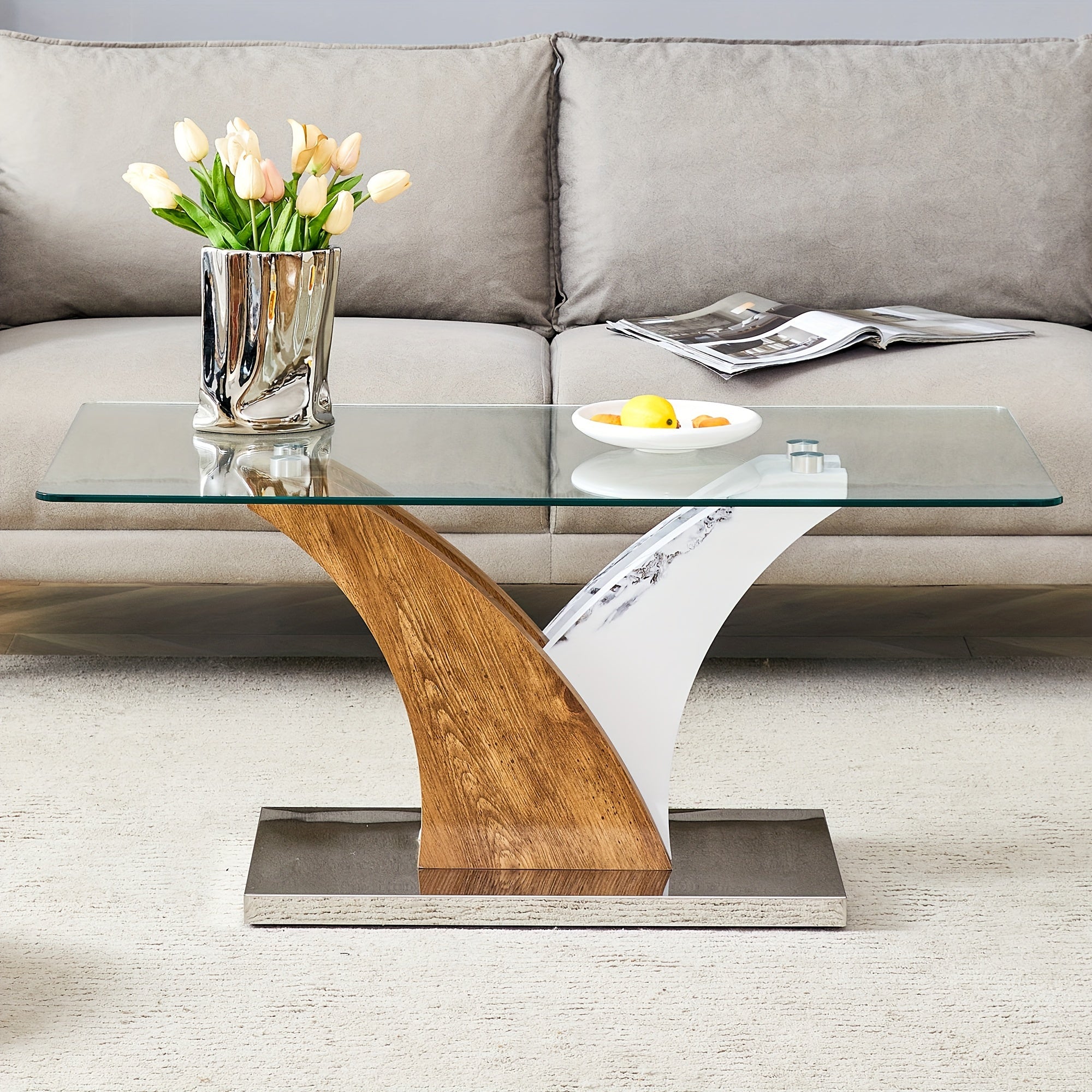 Rectangular Coffee Table With Tempered Glass Countertop, Stylish Tea Table With Round Table Corners And Artistic MDF Legs, Easy To Clean And Scratch Prevention, Perfect For Hosting Dinners, Conferences, Home, Living Room And