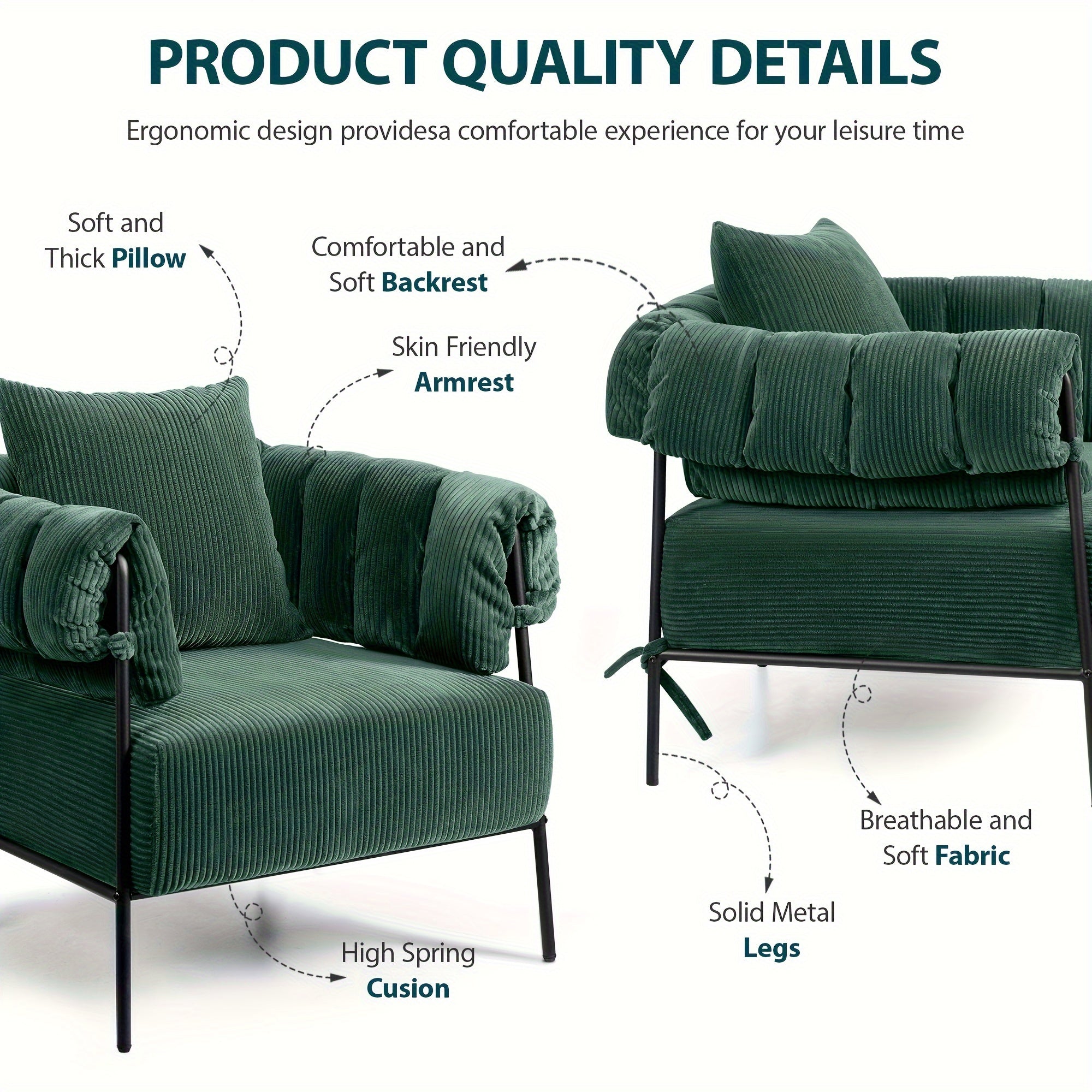 Sofa Chair Corduroy Fabric Modern Accent Chair With Metal Legs And High-Density Sponge Cushions