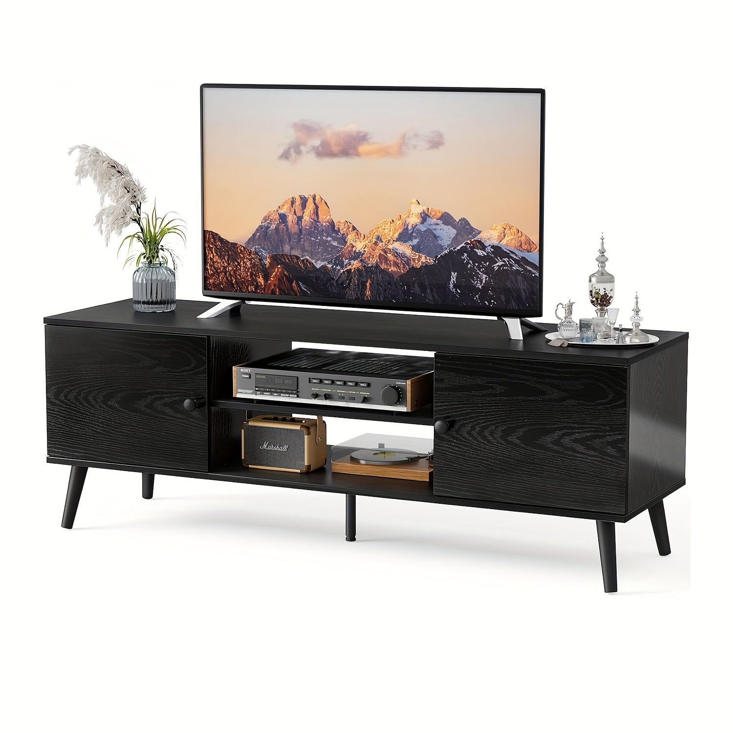 Modern TV Stand for 55 60 inch TV with 2 Storage Cabinet and Open Shelf, TV Cabinet, TV Media Console, Wood TV Table for Living Room, Bedroom, Office