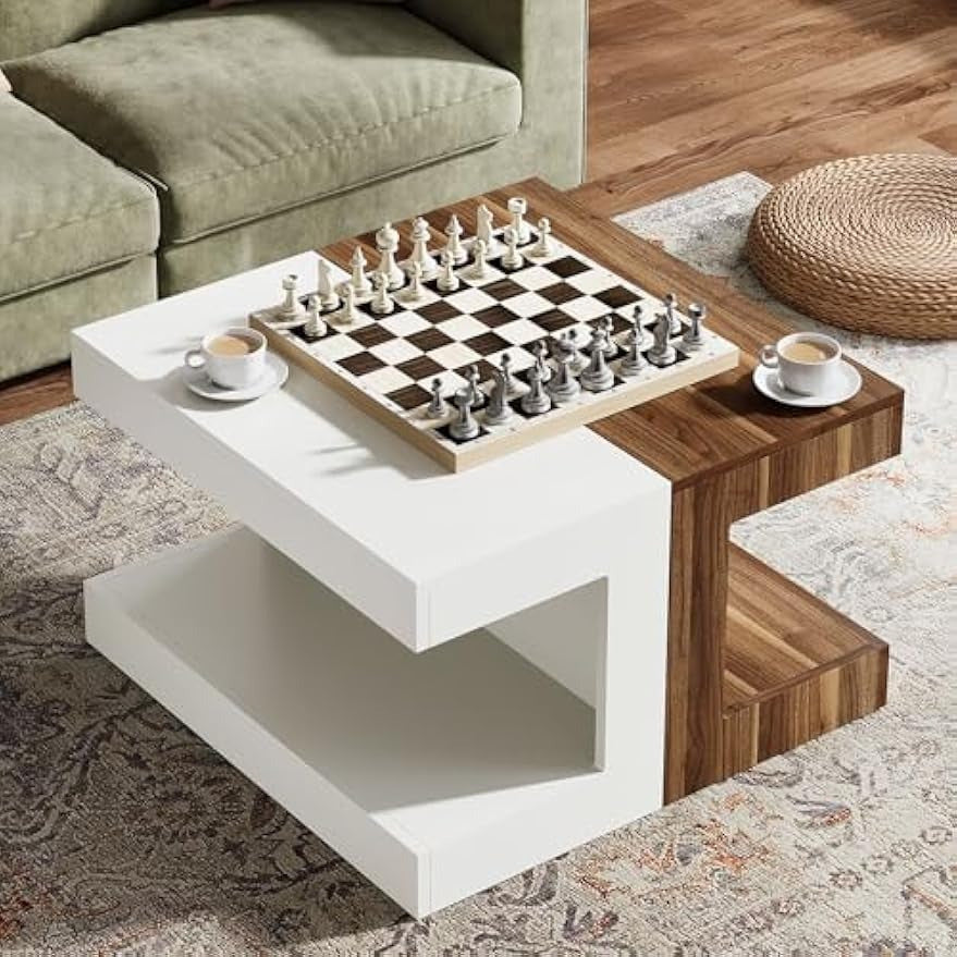 Square Coffee Table, 31.5" Creative Combination Splicing Side Table, 2-Tier Vintage Center Table for Living Room, Bedroom, Small Space, Rustic Brown & White