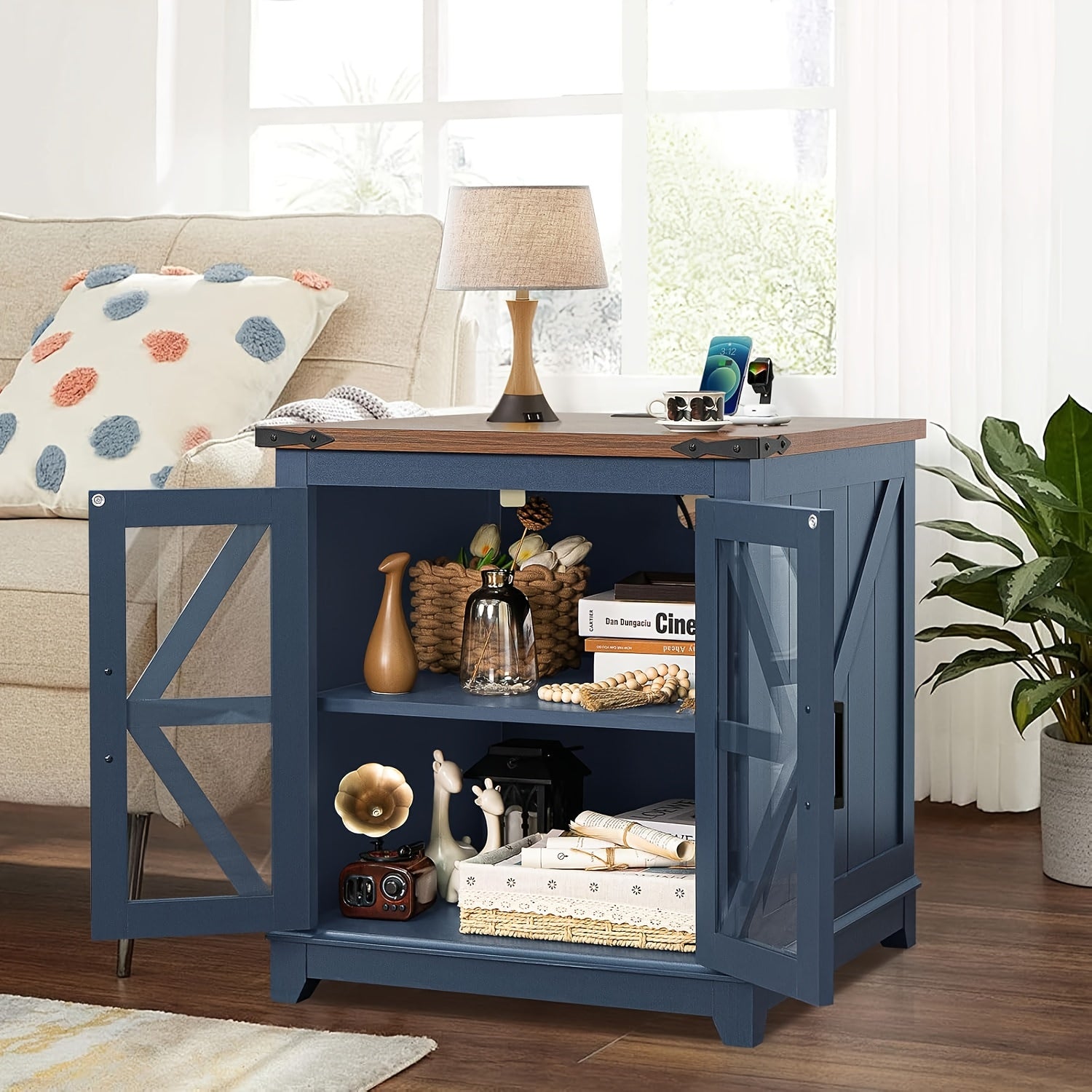 Farmhouse End Table, 24" Large Sofa Side Table With Charging Station Glass Barn Door, Wood Nightstand With Adjustable Storage Shelf, Square Bedside Table For Living Room, Bedroom, Office-Blue