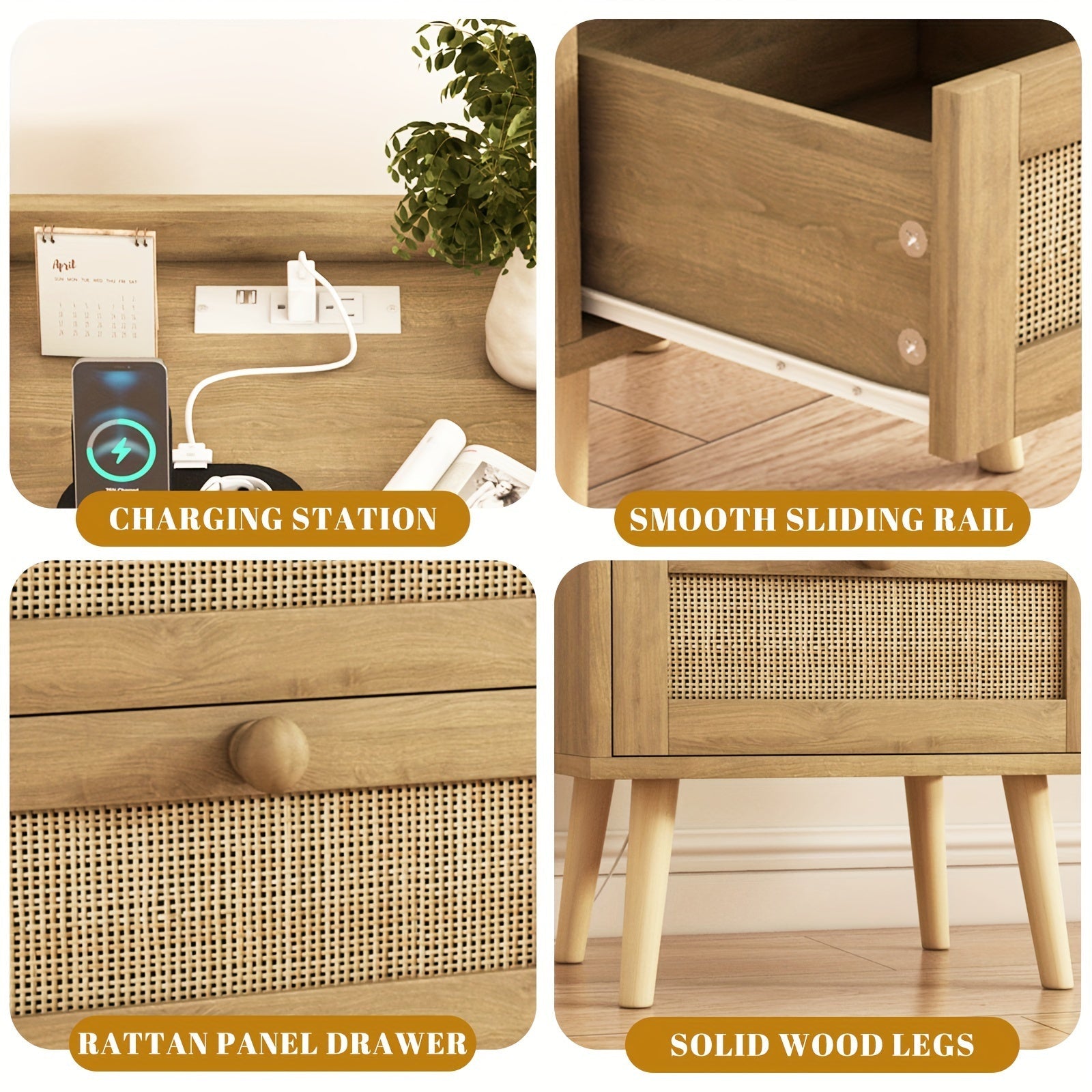 2pcs Rattan Nightstand Set With Charging Station, Boho Wooden End Table With 2 Drawers and Solid Wood Legs, Natural Bedside Tables For Living Room, Bedroom, Dorm Room