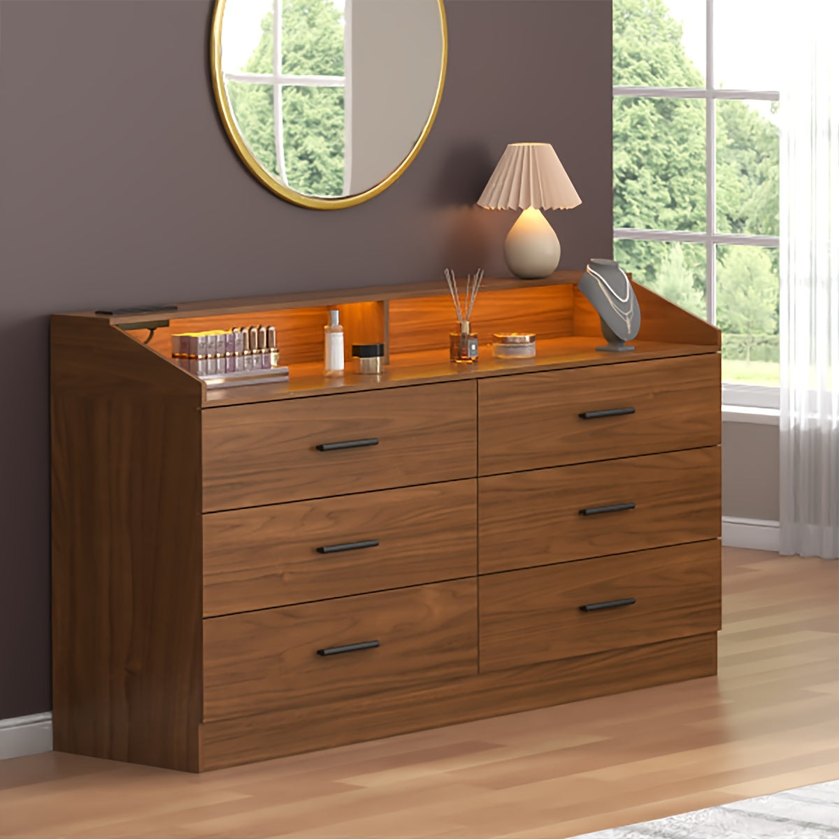 White Dresser For Bedroom 6 Drawers Dresser With Power Outlet Chest Of Drawers With LED Light Modern Dresser With Open