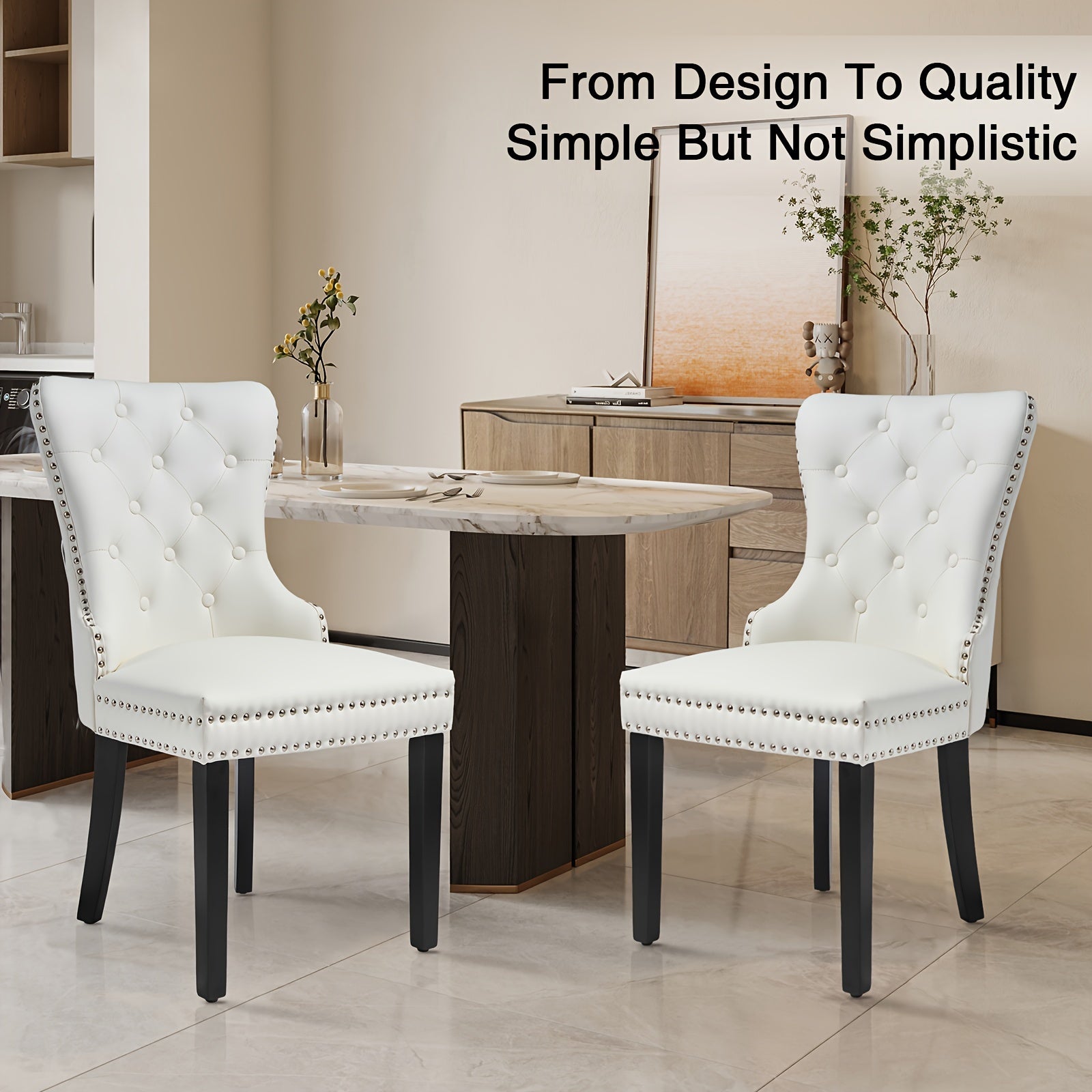 Leather Dining Chair Set Of 2, Upholstered Dining Chair With Pull Ring, Solid Wood Legs, Suitable For Dining Room.