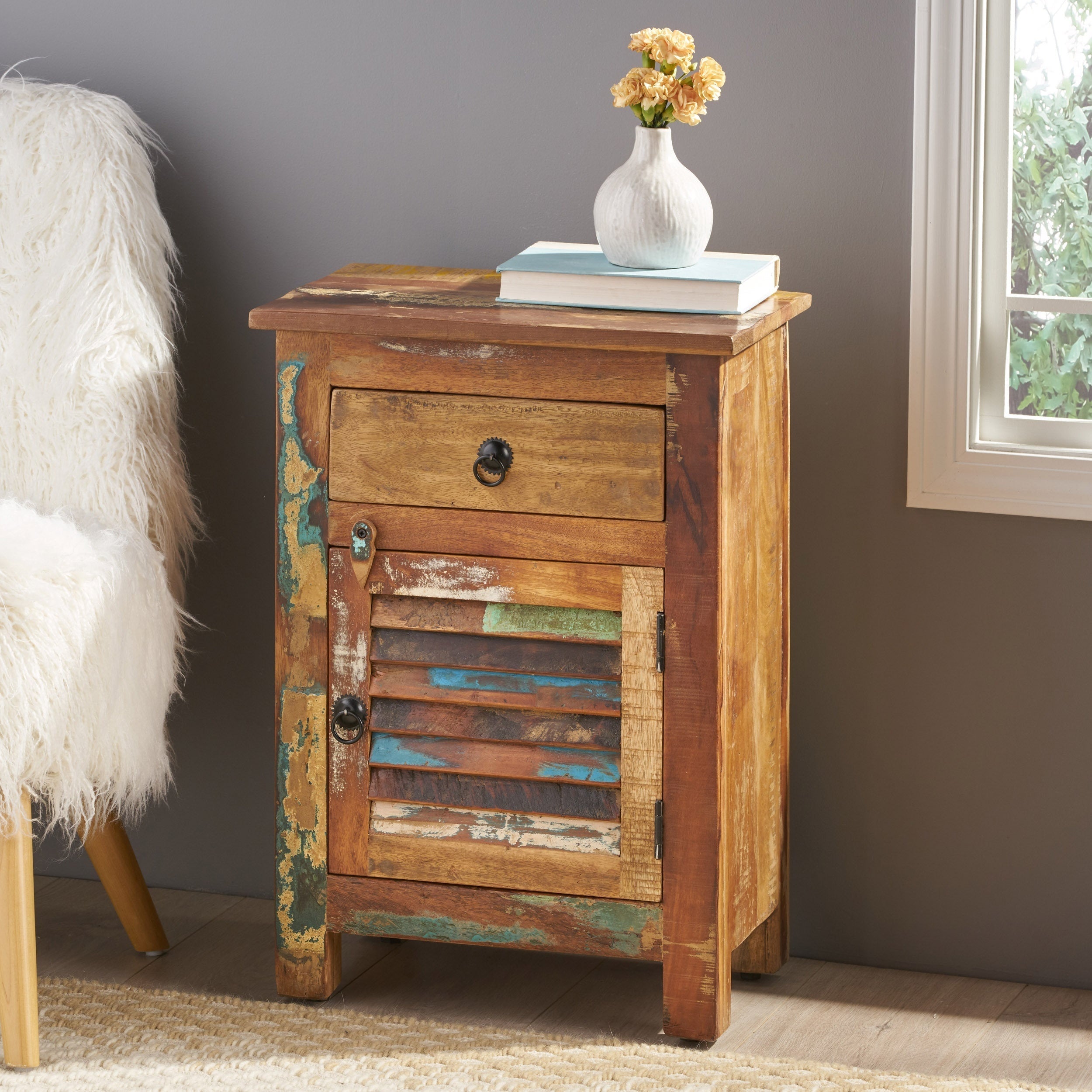 Handcrafted Recycled Wood Rustic Nightstand Side Table With Drawer Cabinet Slatted Door And Decorative Latch