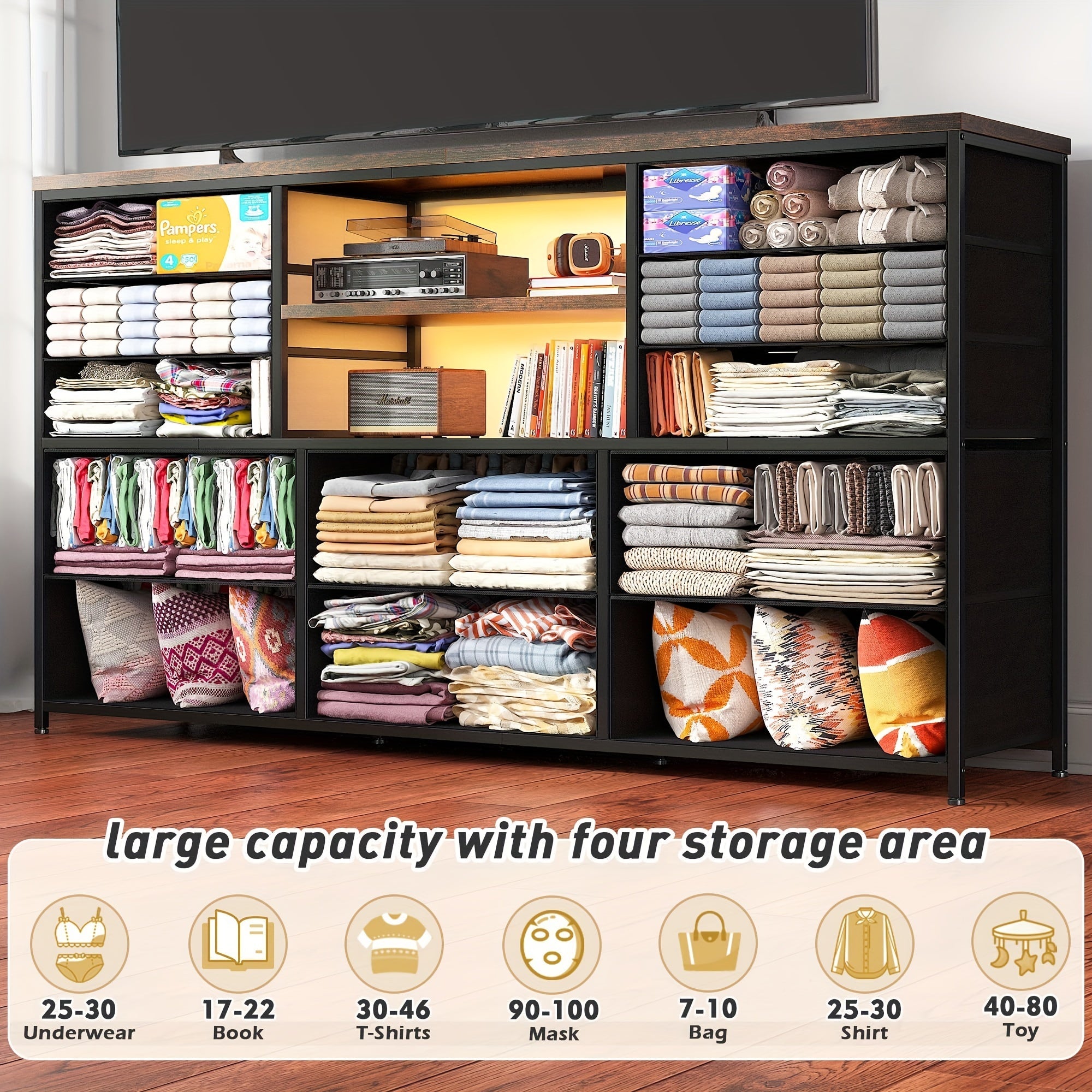 Dresser With LED Lights & Power Outlets 12 Drawers Dresser TV Stand For 60’’TV For Bedroom Dresser Fabric Dressers &