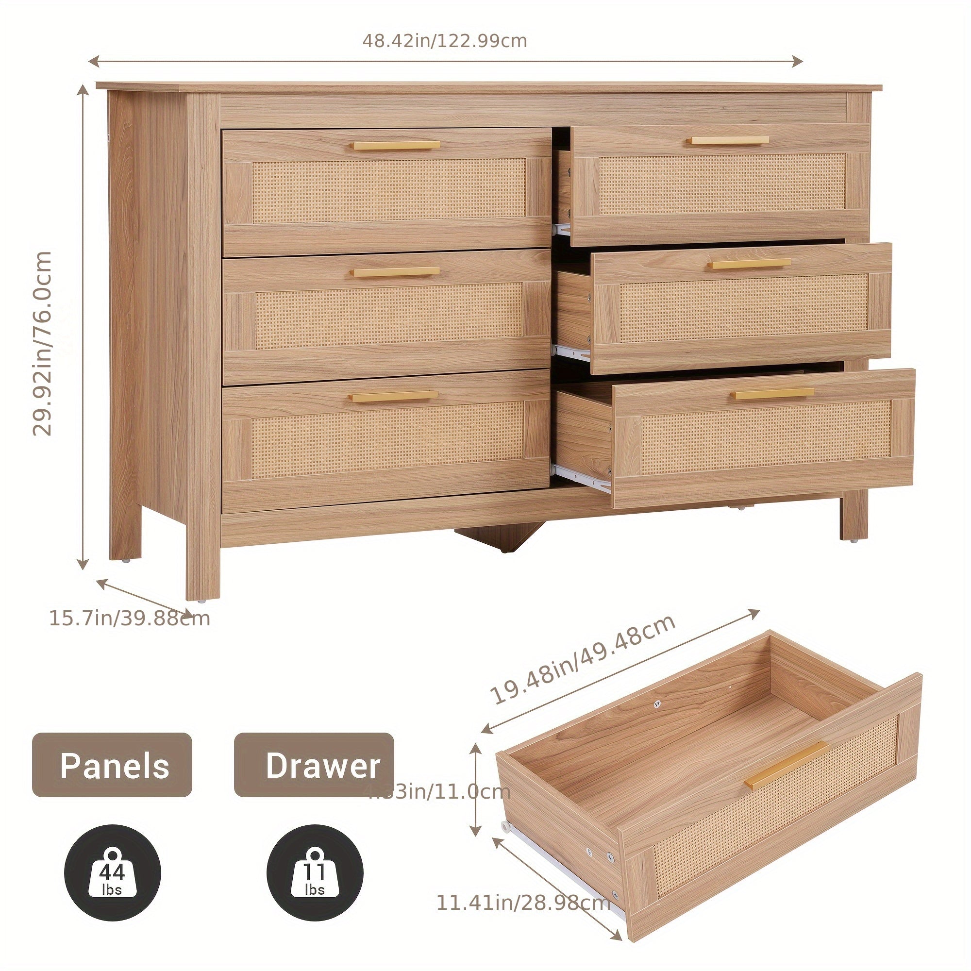 48.42"L X 15.7"W X 29.92"H Rattan Dresser Modern 6 Drawer Double Dresser With Handles, Wood Storage Chest Of Drawers For Bedroom, Living Room, Hallway, Also As Beside Tabe, TV Stand (suit For 50"TV), Clothing Organizer/linger