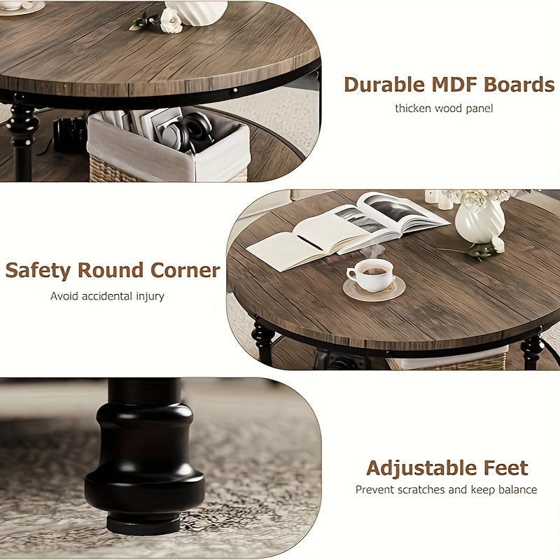 Elegant Vintage-Style Round Coffee Table with Storage Shelf - Sturdy Wood & Metal Legs, Easy Assembly, Waterproof MDF Top