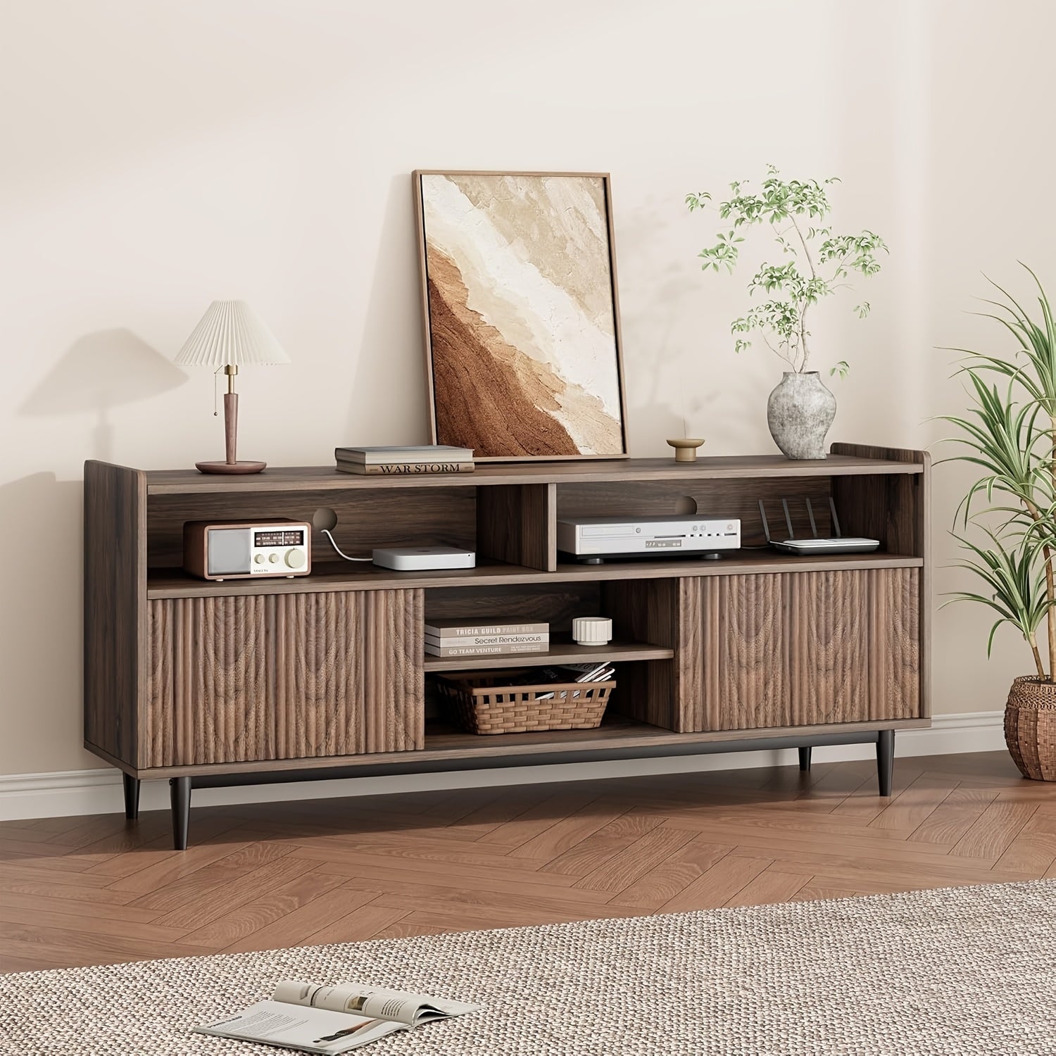 Fluted TV Stand for 70 Inch, Boho Entertainment Center with Storage And Sliding Doors, TV Cabinet with Adjustable Shelves, Under TV Stand for Living Room Bedroom, Walnut