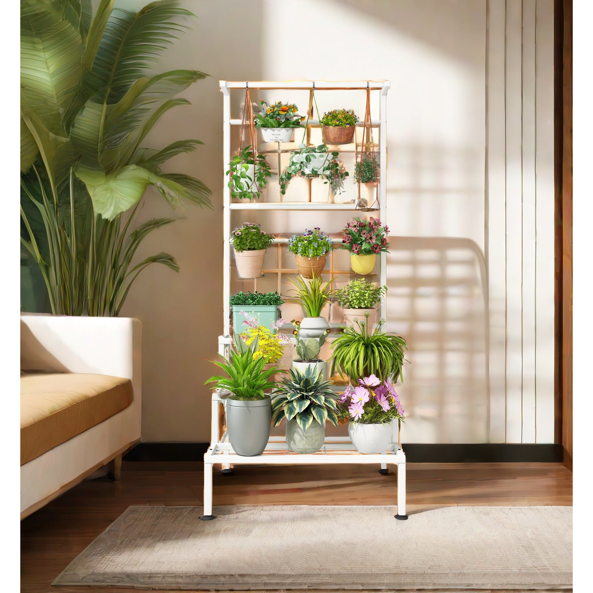 Plant Stand 3-Tier Hanging Shelves Flower Pot Organizer Multiple Flower Display Holder Indoor Outdoor Heavy Duty Potted Planter Rack Unit with Grid Panel, size 23.62 x 21.25 x 62.14 inches