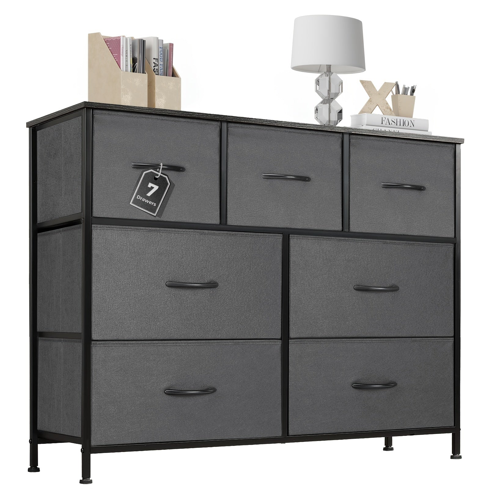 Dresser for Bedroom with 7 Drawers, Clothes Drawer Fabric Closet Organizer, Dresser with Metal Frame and Wood Tabletop, Chest Storage Tower for Living Room, Entryway