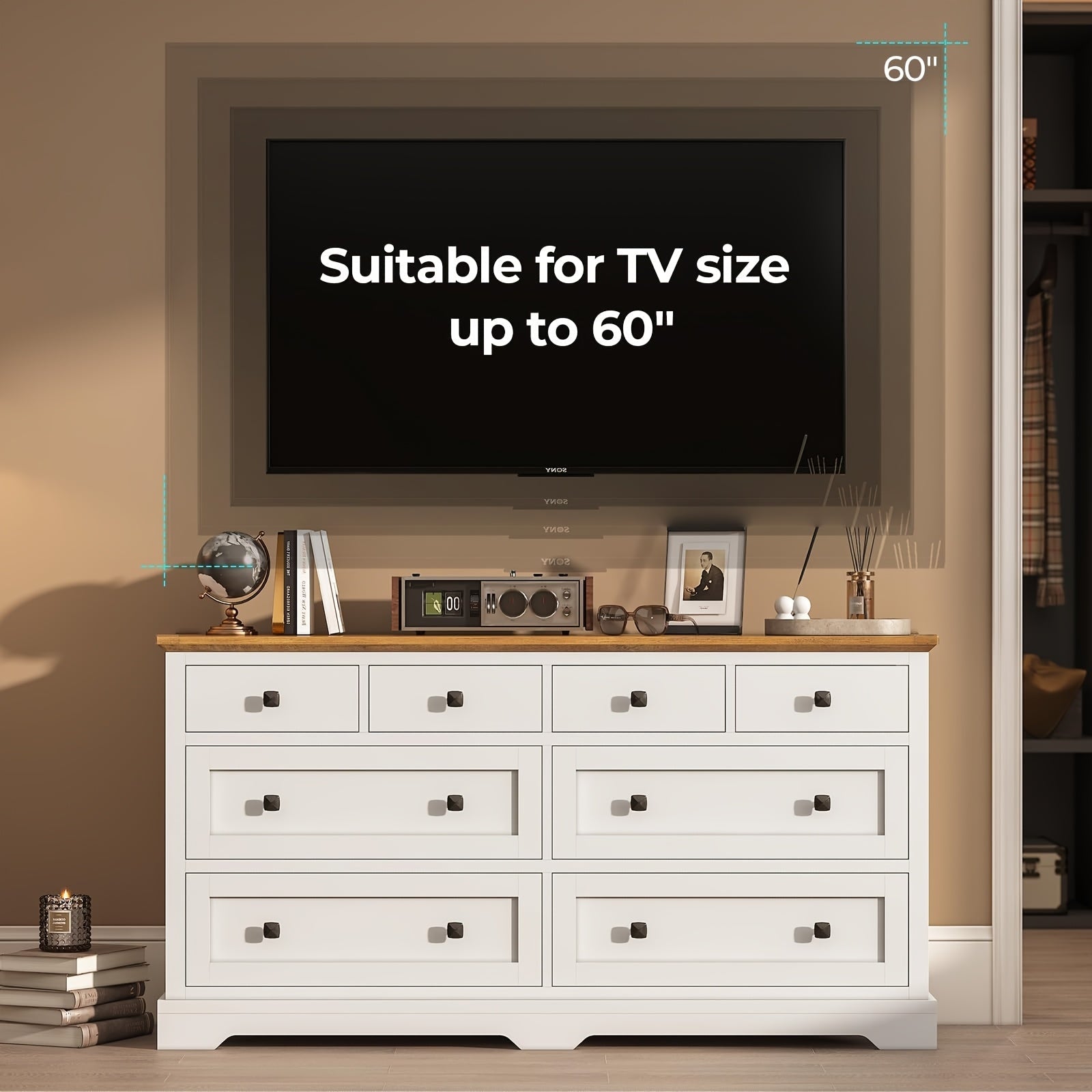 Dresser for Bedroom 138cm Farmerhouse Double Dresser TV Stand 8 Drawers Dresser with Square Handle Chest Of Drawers