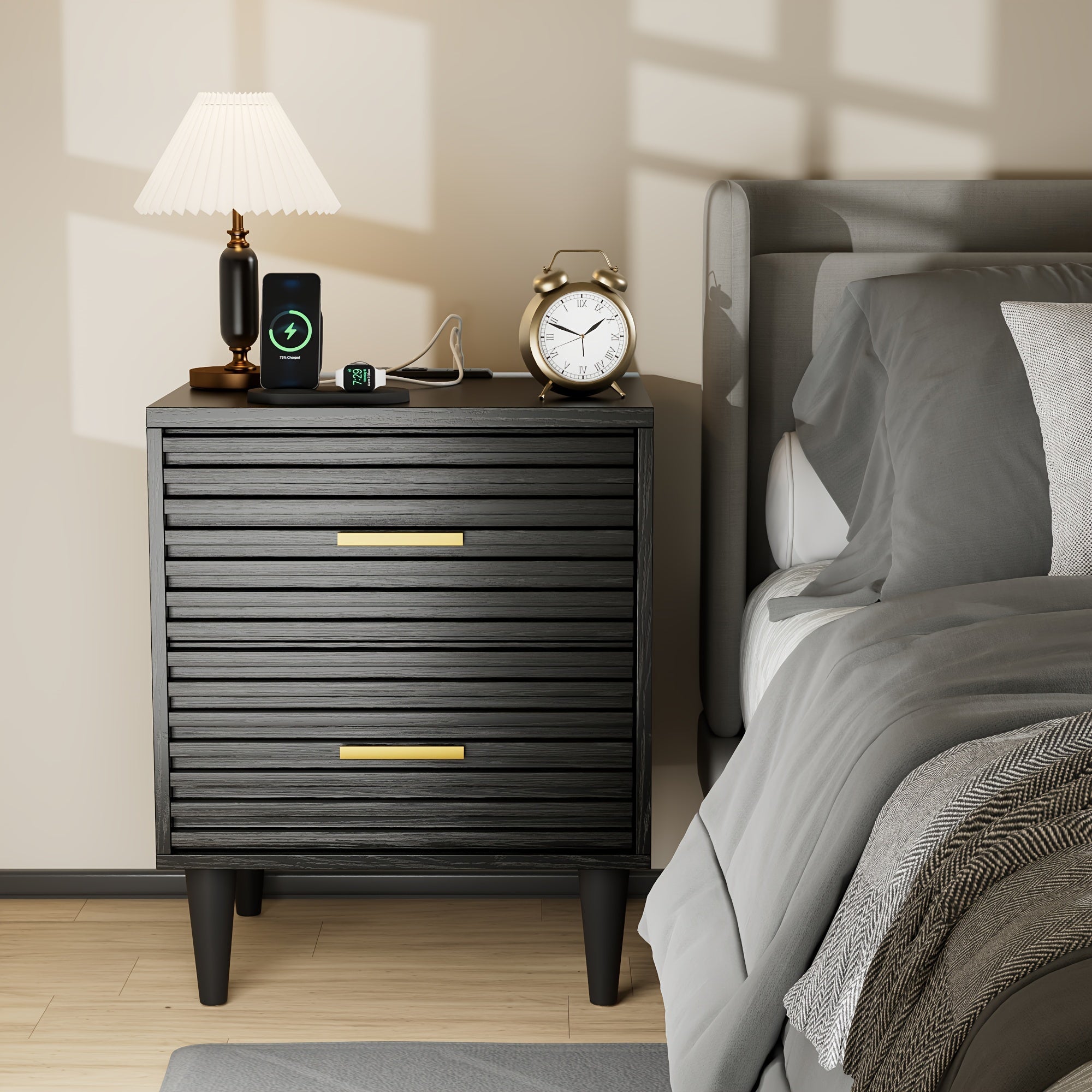 Chic Mid-Century Modern Nightstand with Charging Station - 19"W x 16"D x 24"H Wooden End Table & Sideboard with 2 Drawers, Ideal for Bedroom & Living Room, Sleek Design with Golden Handles